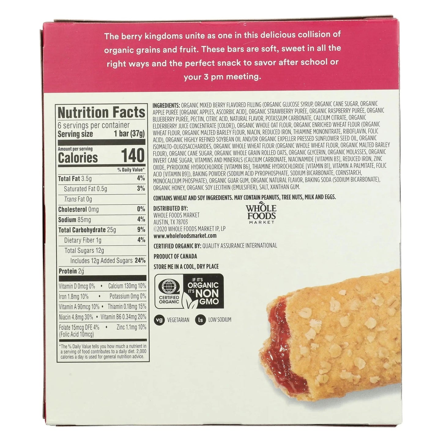 365 by Whole Foods Market, Organic cereal bar, Mixed Berry Cereal Bar 6 Count, 7.8 OZ - Fresh Hearth