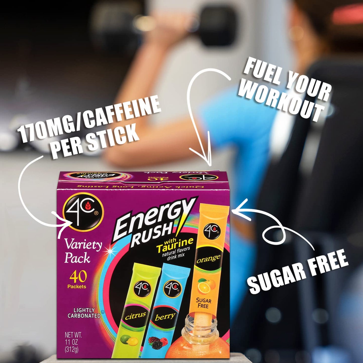 4C Energy Rush Stix, Variety 1 Pack, 40 Count, Single Serve Water Flavoring Packets, Sugar Free with Taurine, On the Go Bundle (20 Berry, 10 Orange, 10 Citrus) - Fresh Hearth