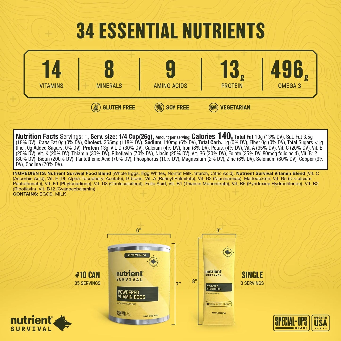 70 Egg Equivalent Nutrient Survival Vitamin Powdered Eggs Blend, Freeze Dried Prepper Supplies & Emergency Food Supply, 33 Essential Nutrients, Gluten Free, Shelf Stable Up to 25 Years - Fresh Hearth