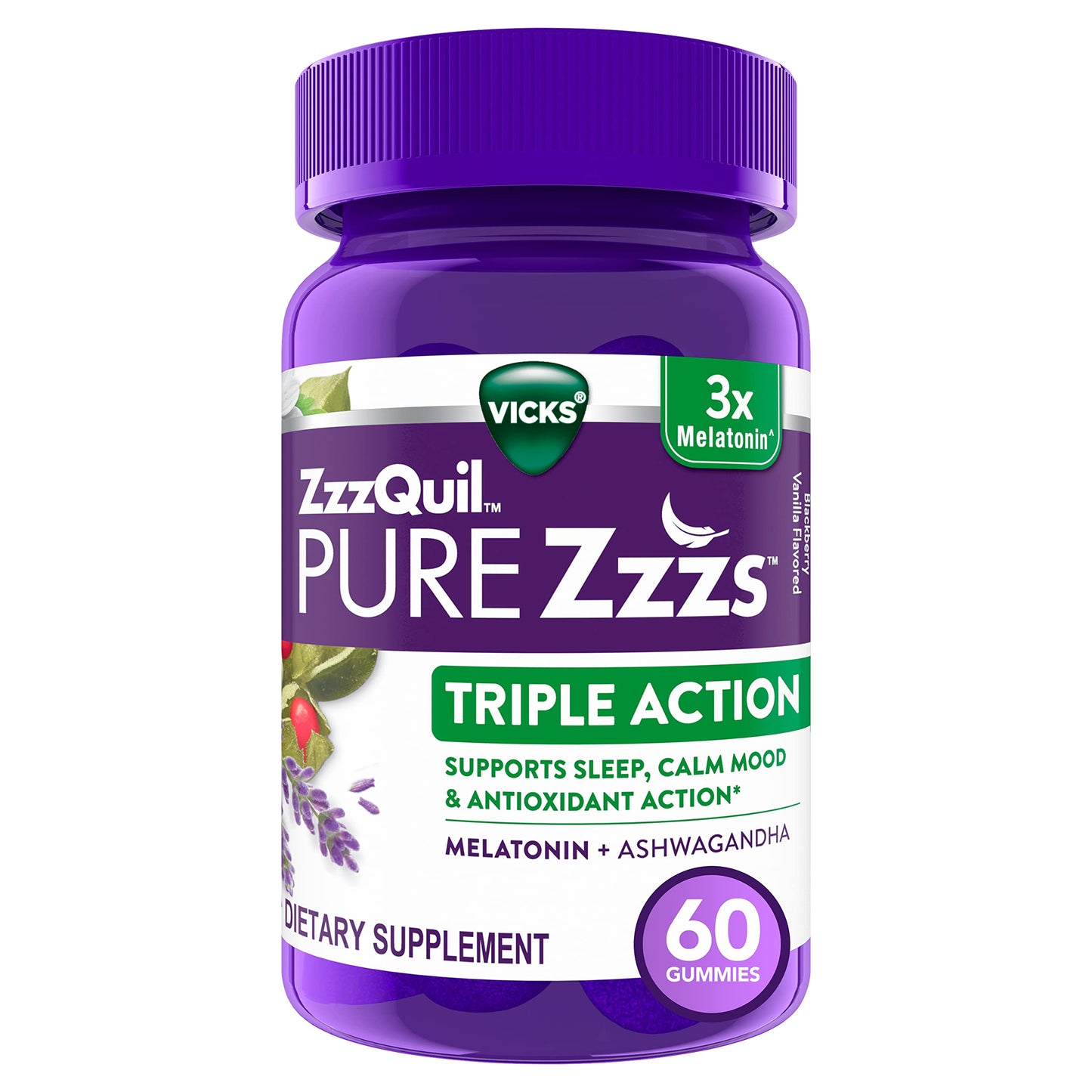 ZzzQuil PURE Zzzs Triple Action, Melatonin Gummies, Melatonin 6mg, 3X Melatonin, Sleep Aid with Ashwagandha, Calm Mood, Antioxidant Action, Sleep Aids for Adults, 60 Sleep Gummies
