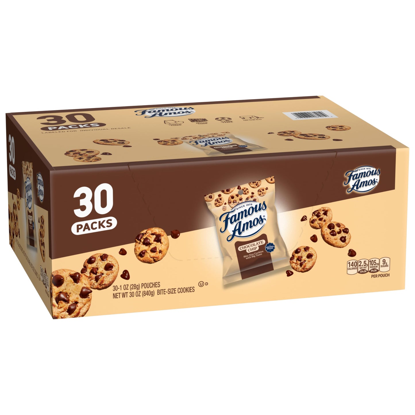 Famous Amos Original Recipe Chocolate Chip Bite-Size Cookies, 30 Pack Box, 30 oz