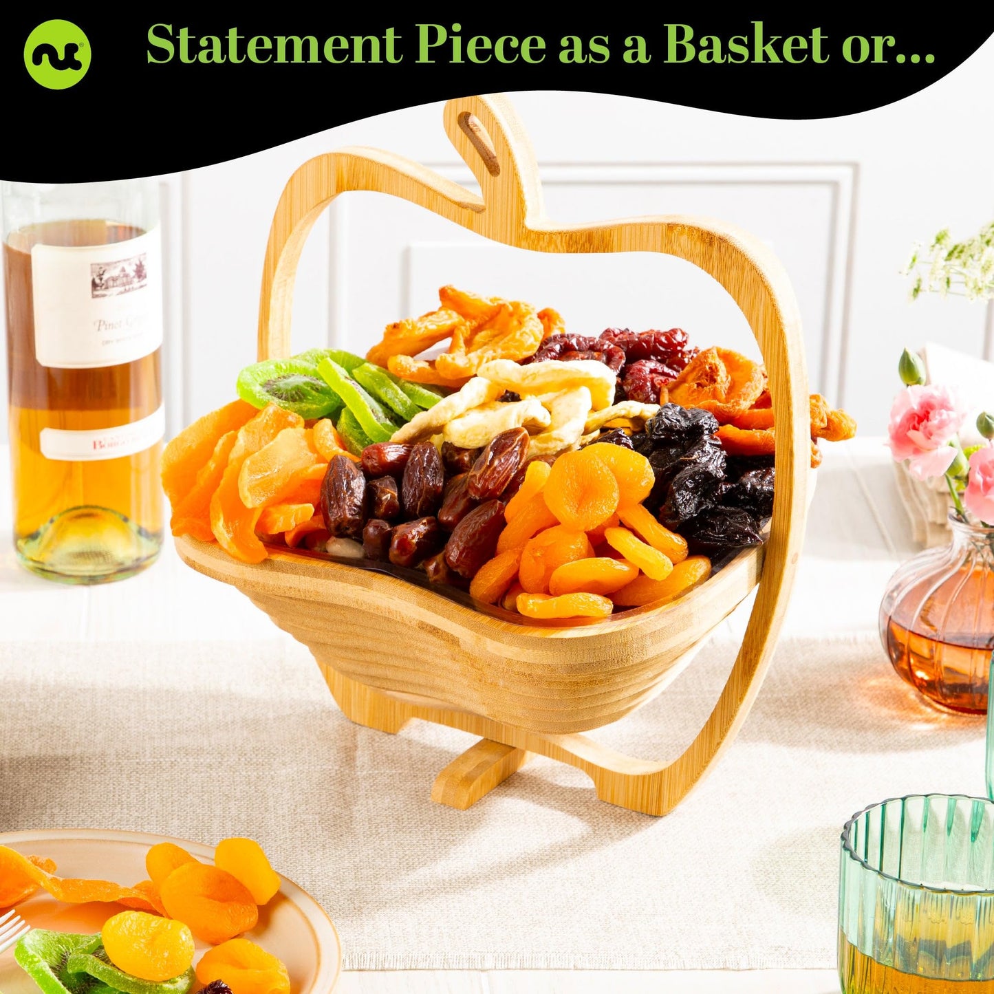 NUT CRAVINGS - Diwali Sweets Hamper Mid-Autumn Festival Dried Fruit Flower Arrangement Gift Basket in Wooden Apple-Shaped Gift Basket + Tray (9 Assortment) Healthy Snack Care Package, Food Assortments