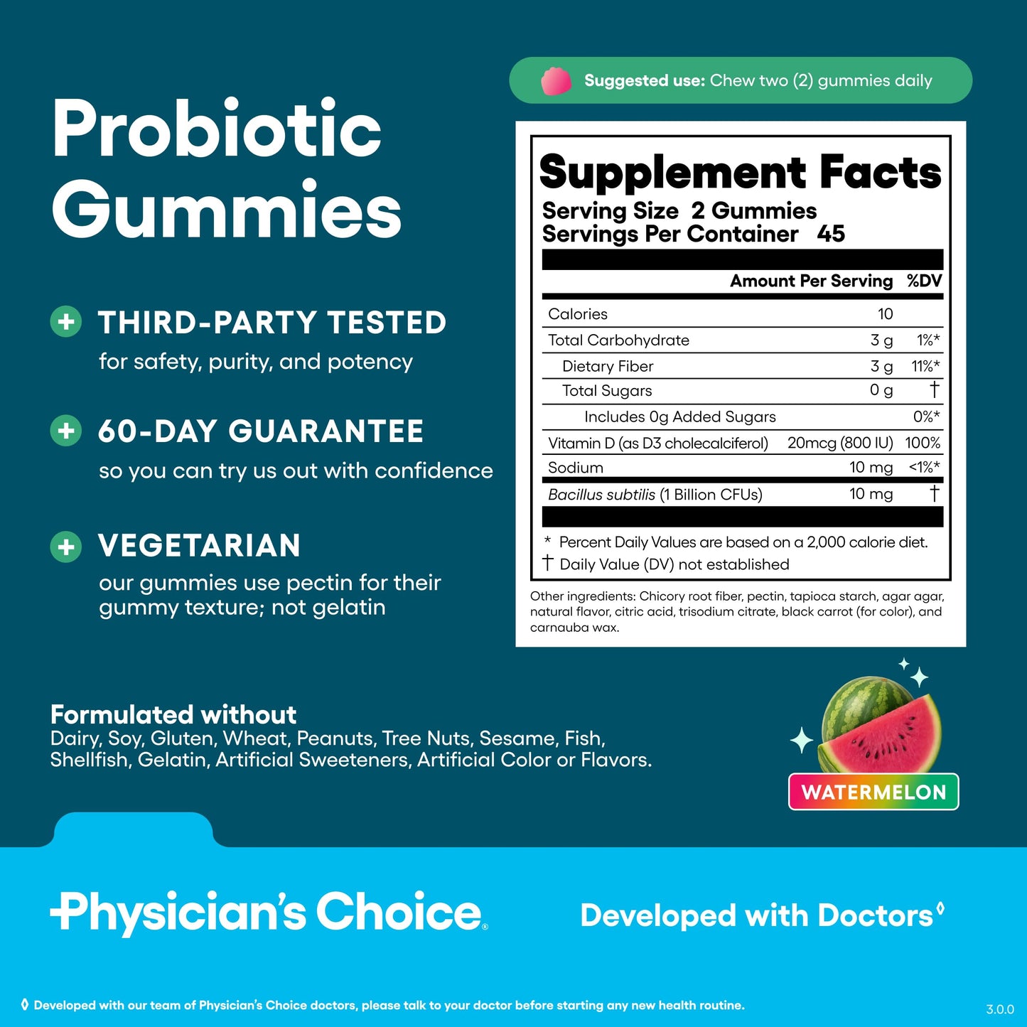 Physician's CHOICE Probiotic Gummies with Vitamin D & Prebiotic Fiber - Sugar Free - 1B CFUs of Clinically Studied Probiotic - Supports Immune & Gut Health for Women & Men - Watermelon Flavor - 90CT