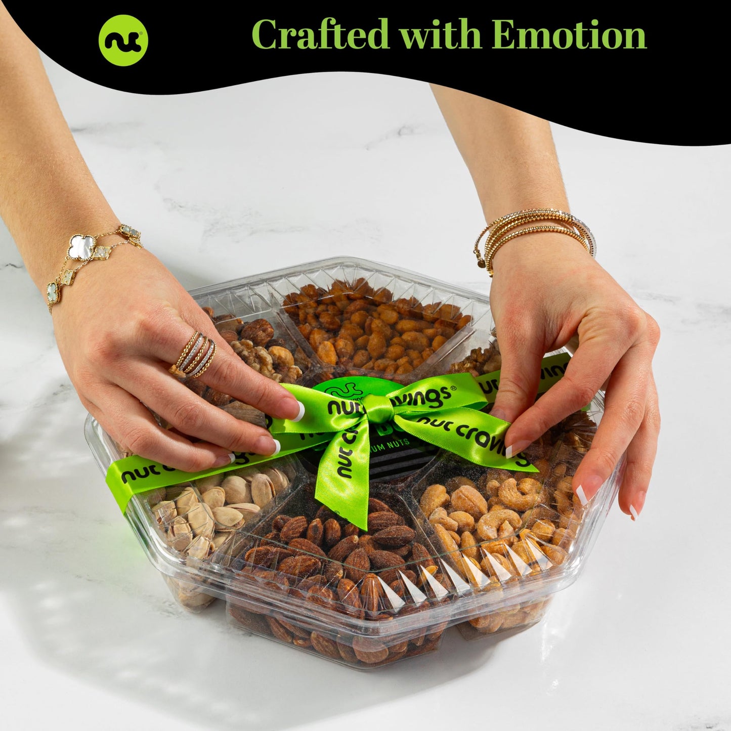NUT CRAVINGS - Diwali Sweets Hamper Mid-Autumn Festival Mixed Nuts Gift Basket + Green Ribbon (7 Assortments, 2.2 LB) Food Arrangement, Healthy Snack Care Package, Food Assortments