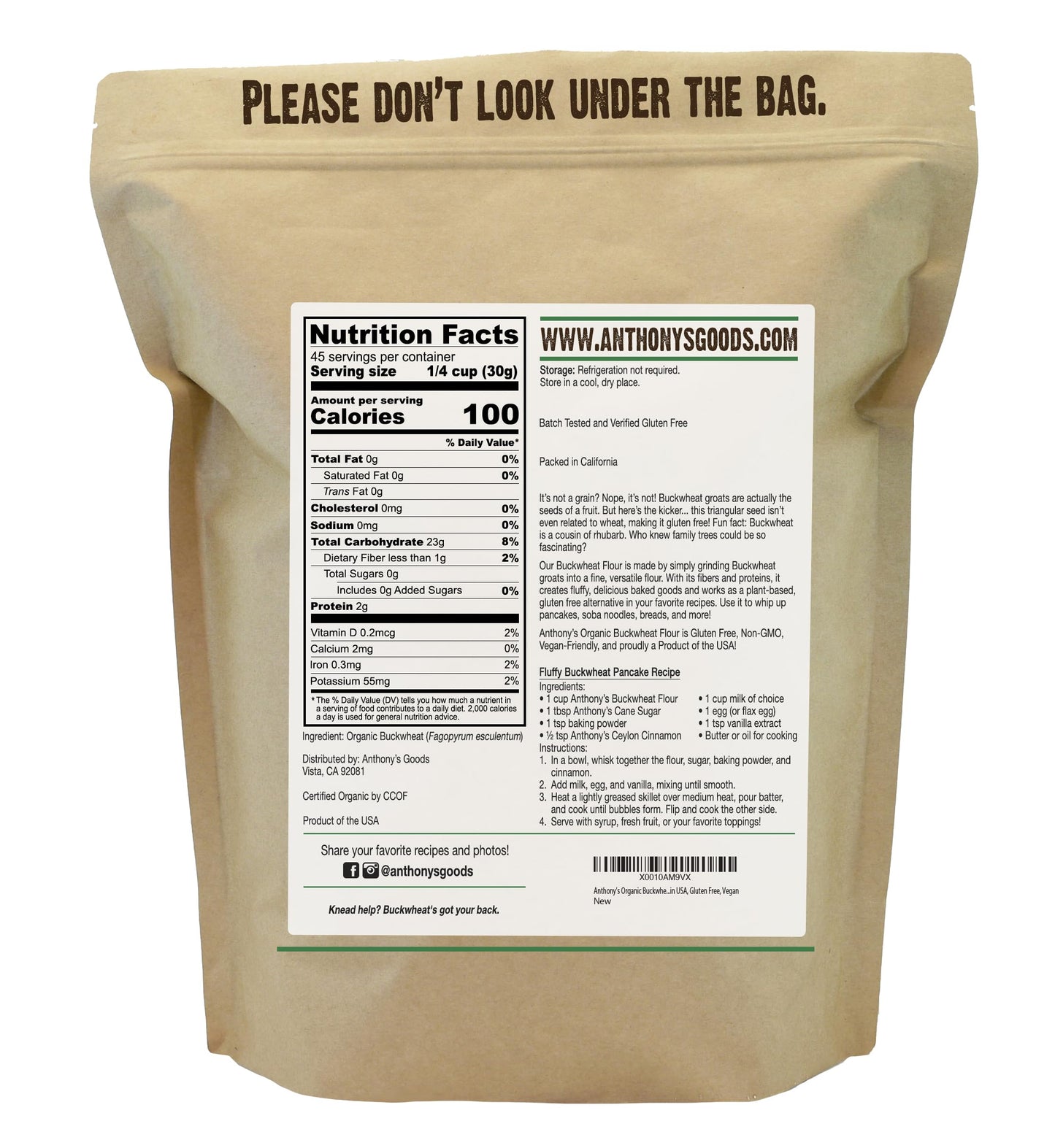 Anthony's Organic Buckwheat Flour, 3 lb, Grown in the USA, Gluten Free, Vegan