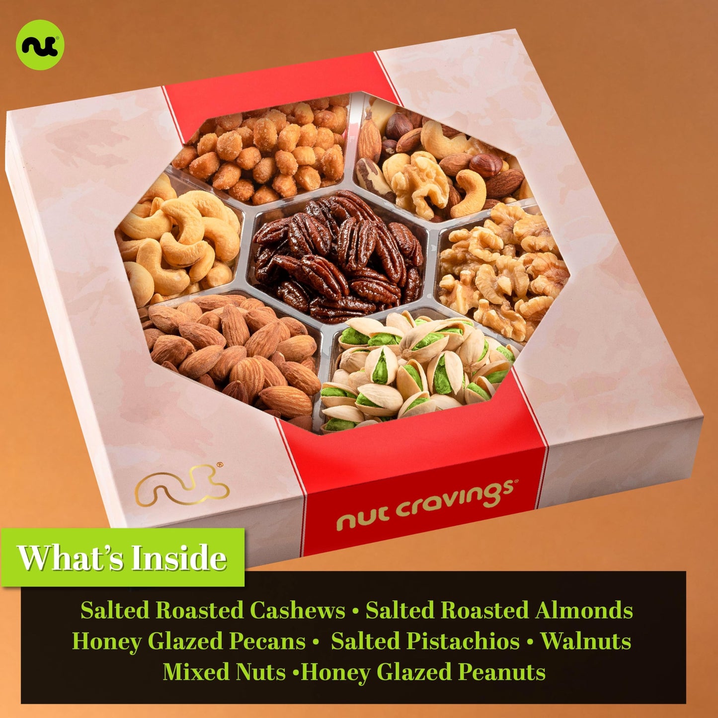 NUT CRAVINGS - Diwali Sweets Hamper Mid-Autumn Festival Mixed Nuts Gift Basket in Red Gold Box (7 Assortments, 1 LB) Food Arrangement, Healthy Snack Care Package, Food Assortments
