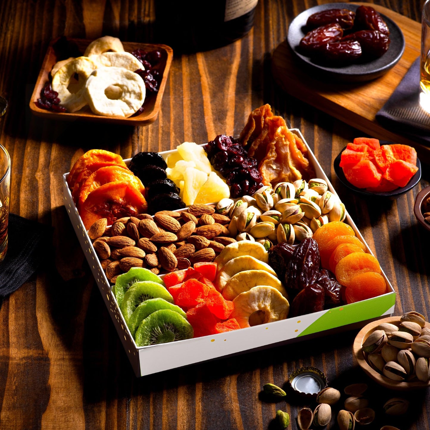 NUT CRAVINGS - Diwali Sweets Hamper Mid-Autumn Festival Dried Fruit & Mixed Nuts Gift Basket in White Gold Box (12 Assortments) Food Arrangement, Healthy Snack Care Package, Food Assortments