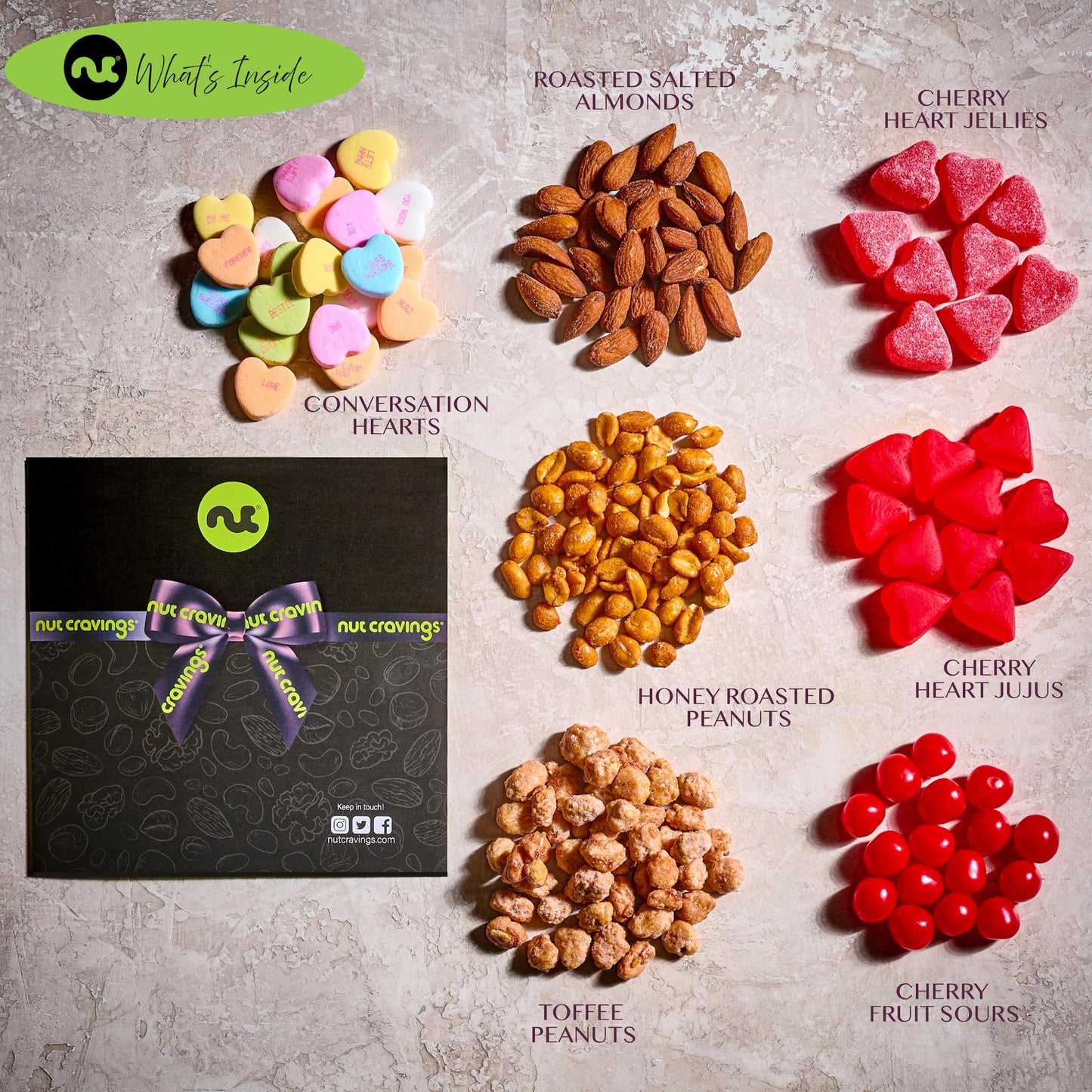 NUT CRAVINGS - Diwali Sweets Hamper Mid-Autumn Festival Mixed Nuts & Heart Candy Gift Basket in Red Gold Box (7 Assortments, 1 LB) Food Arrangement, Healthy Snack Care Package, Food Assortments