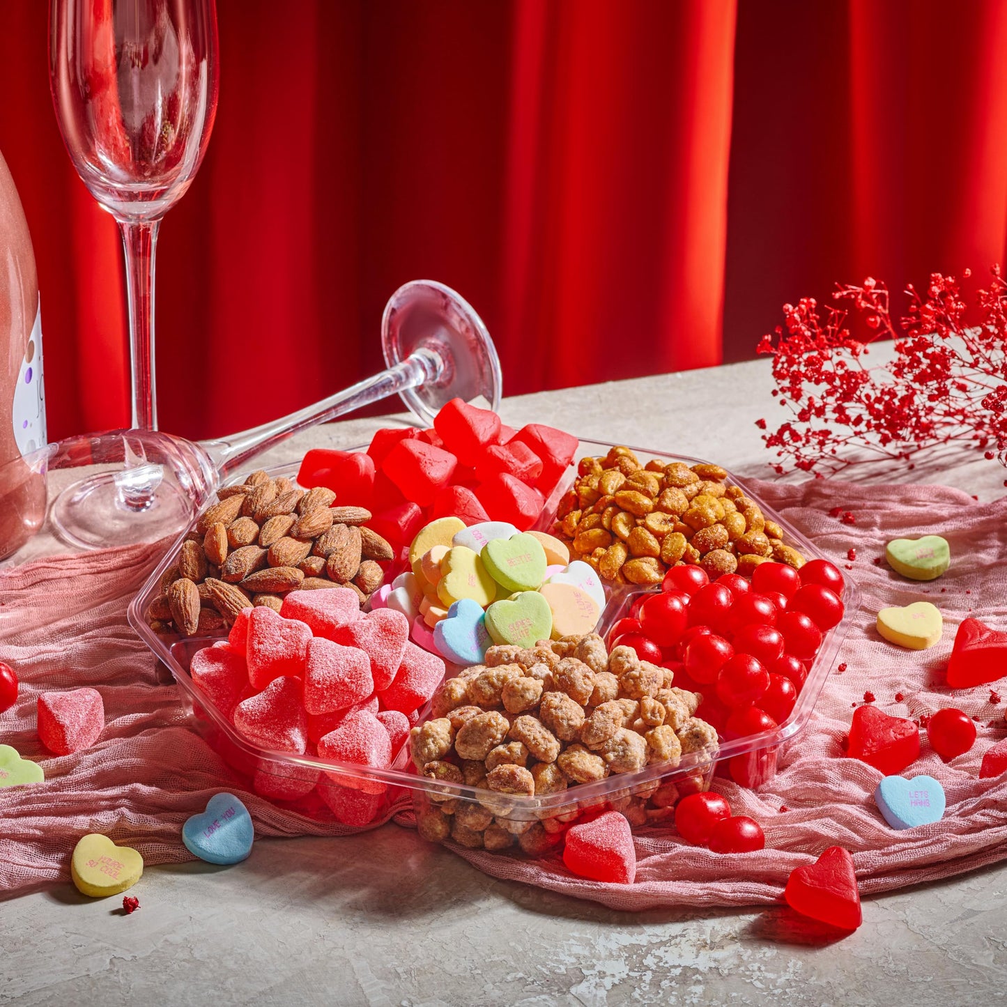 NUT CRAVINGS - Diwali Sweets Hamper Mid-Autumn Festival Mixed Nuts & Heart Candy Gift Basket in Red Gold Box (7 Assortments, 1 LB) Food Arrangement, Healthy Snack Care Package, Food Assortments
