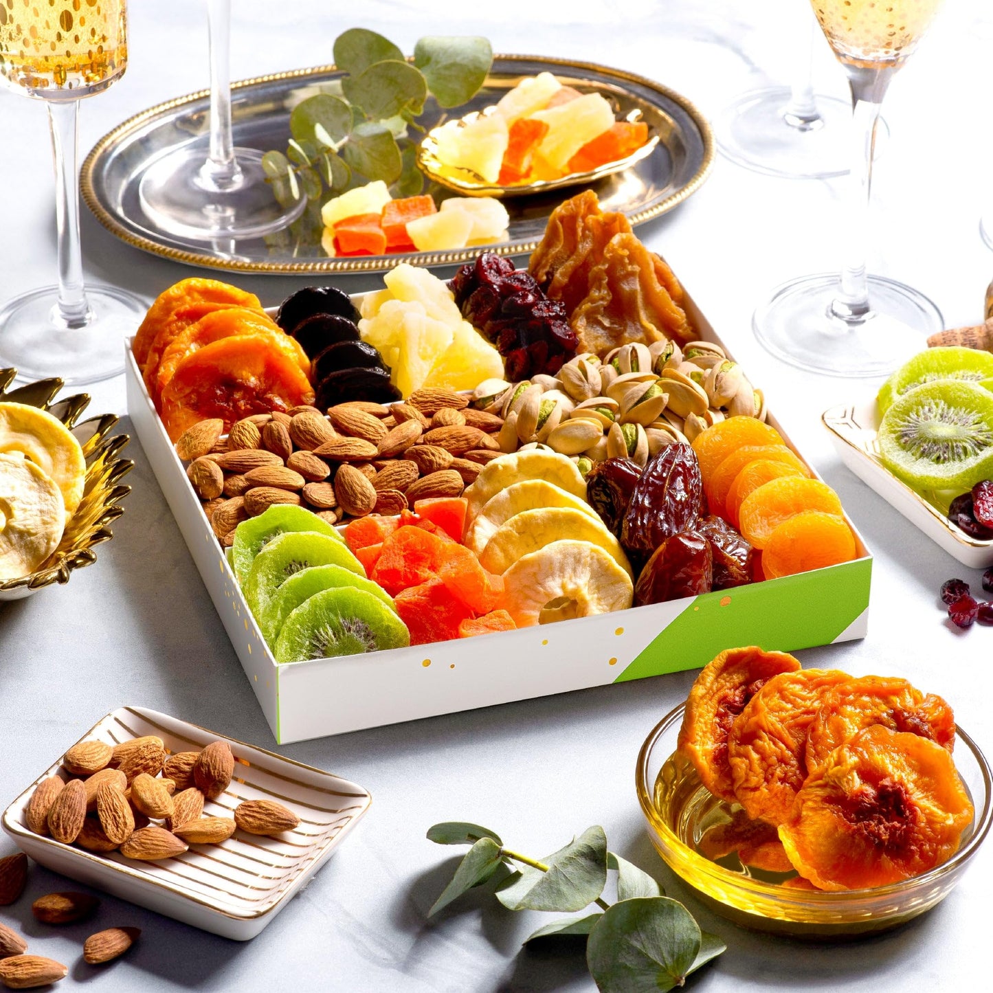 NUT CRAVINGS - Diwali Sweets Hamper Mid-Autumn Festival Dried Fruit & Mixed Nuts Gift Basket in White Gold Box (12 Assortments) Food Arrangement, Healthy Snack Care Package, Food Assortments