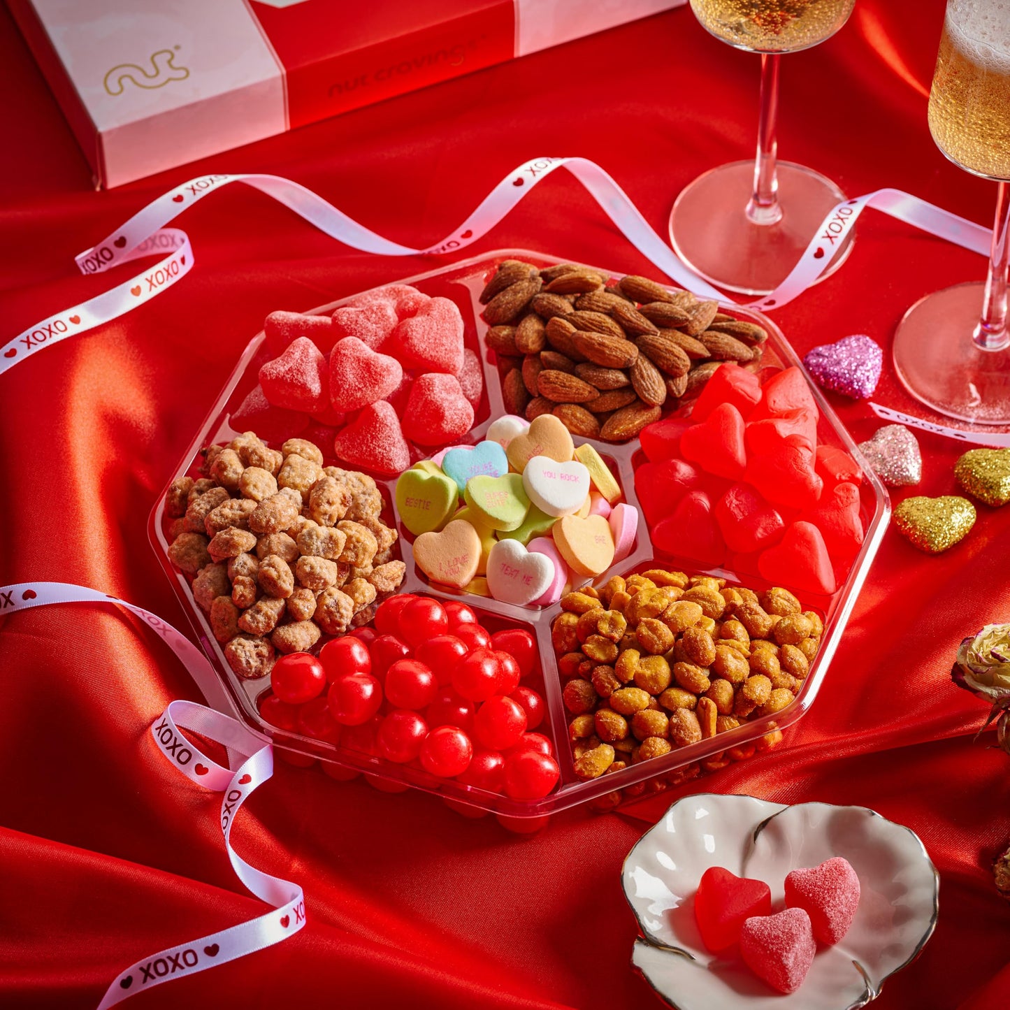 NUT CRAVINGS - Diwali Sweets Hamper Mid-Autumn Festival Mixed Nuts & Heart Candy Gift Basket in Red Gold Box (7 Assortments, 1 LB) Food Arrangement, Healthy Snack Care Package, Food Assortments