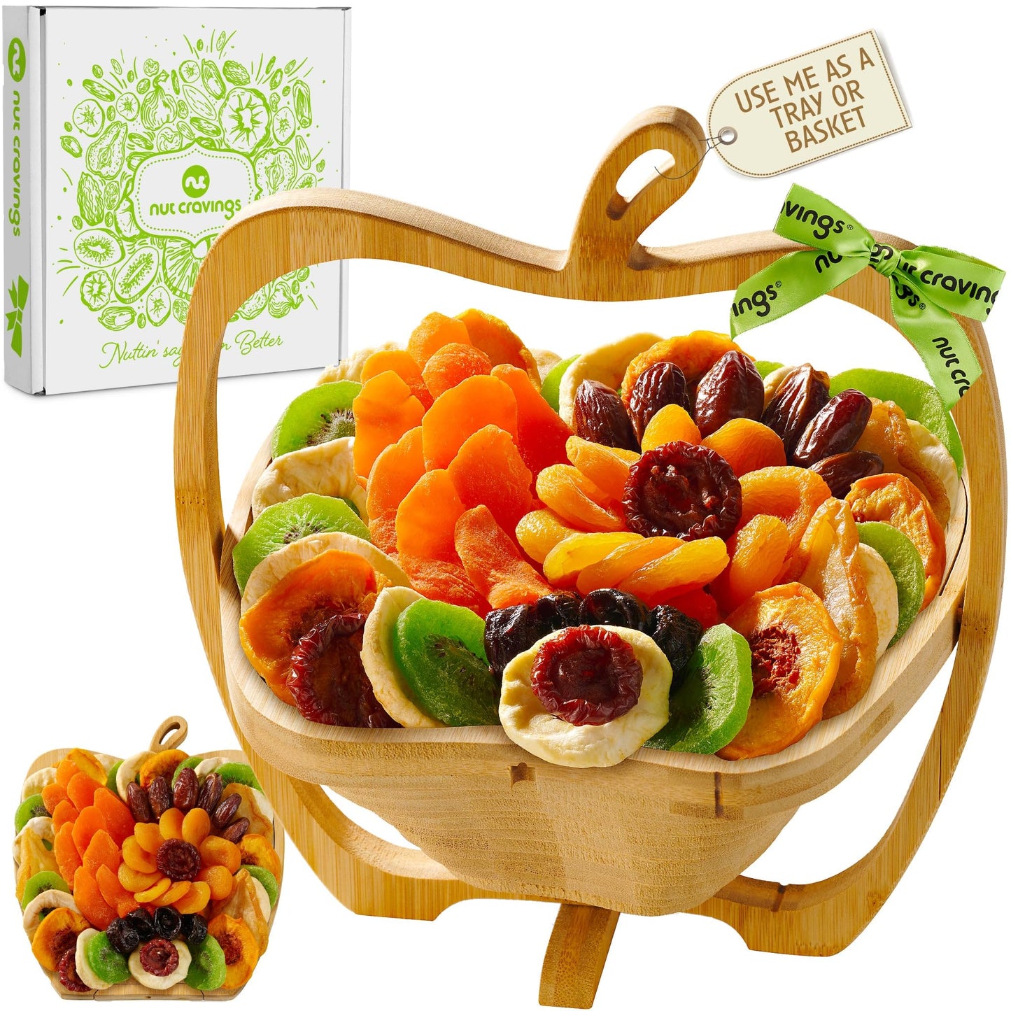 NUT CRAVINGS - Diwali Sweets Hamper Mid-Autumn Festival Dried Fruit Flower Arrangement Gift Basket in Wooden Apple-Shaped Gift Basket + Tray (9 Assortment) Healthy Snack Care Package, Food Assortments