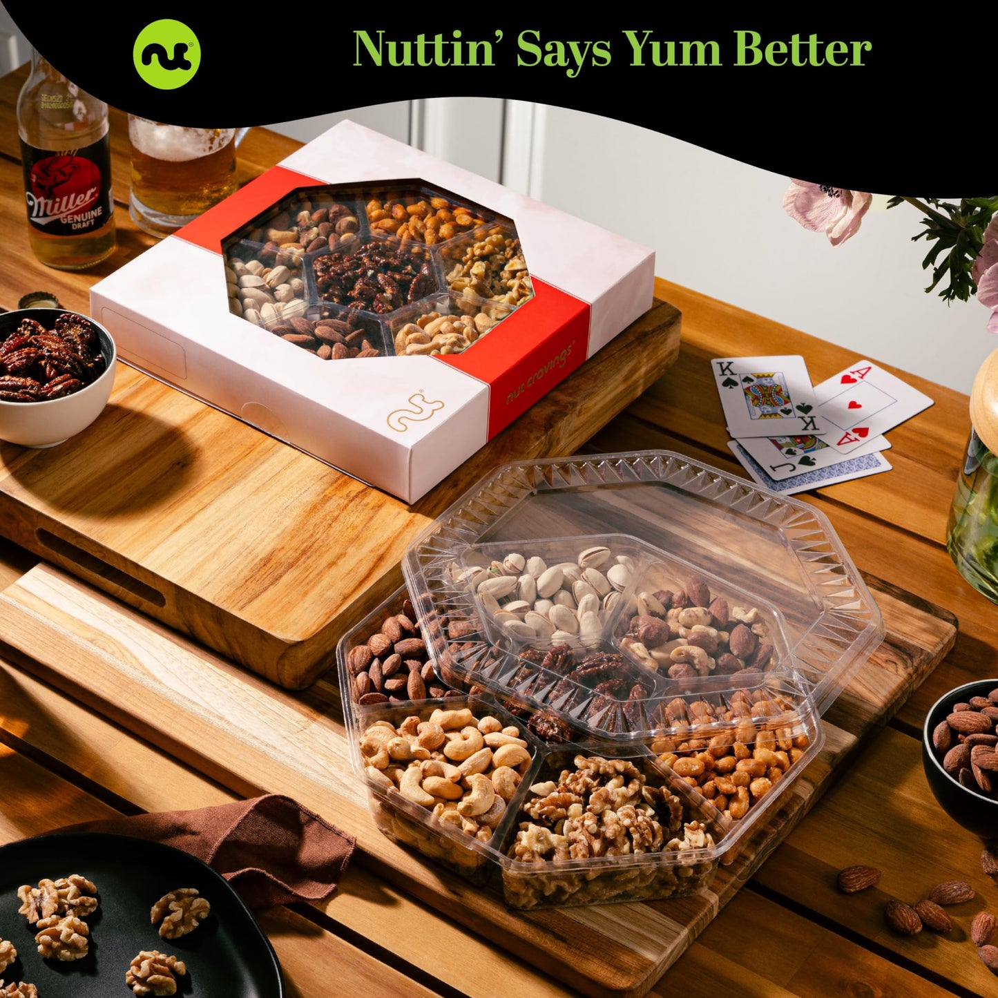 NUT CRAVINGS - Diwali Sweets Hamper Mid-Autumn Festival Mixed Nuts Gift Basket in Red Gold Box (7 Assortments, 1 LB) Food Arrangement, Healthy Snack Care Package, Food Assortments