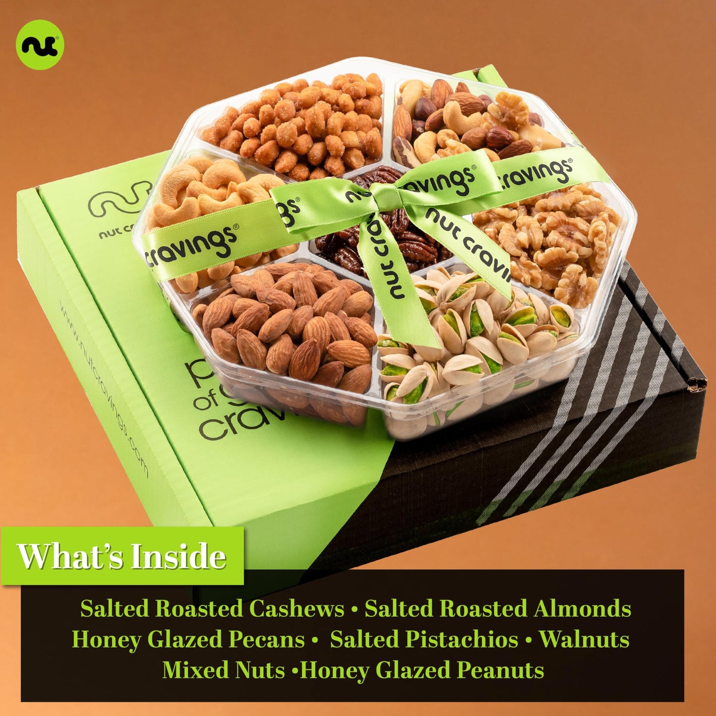 NUT CRAVINGS - Diwali Sweets Hamper Mid-Autumn Festival Mixed Nuts Gift Basket + Green Ribbon (7 Assortments, 2.2 LB) Food Arrangement, Healthy Snack Care Package, Food Assortments