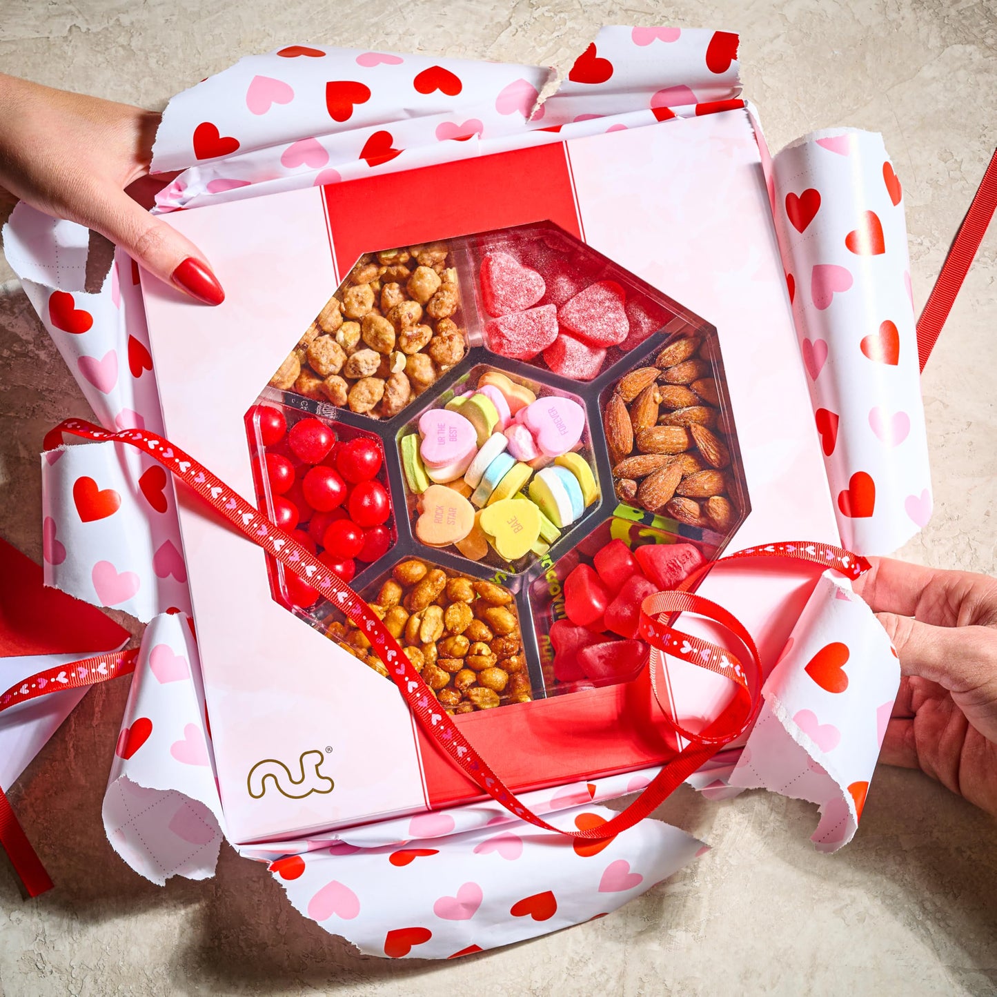 NUT CRAVINGS - Diwali Sweets Hamper Mid-Autumn Festival Mixed Nuts & Heart Candy Gift Basket in Red Gold Box (7 Assortments, 1 LB) Food Arrangement, Healthy Snack Care Package, Food Assortments