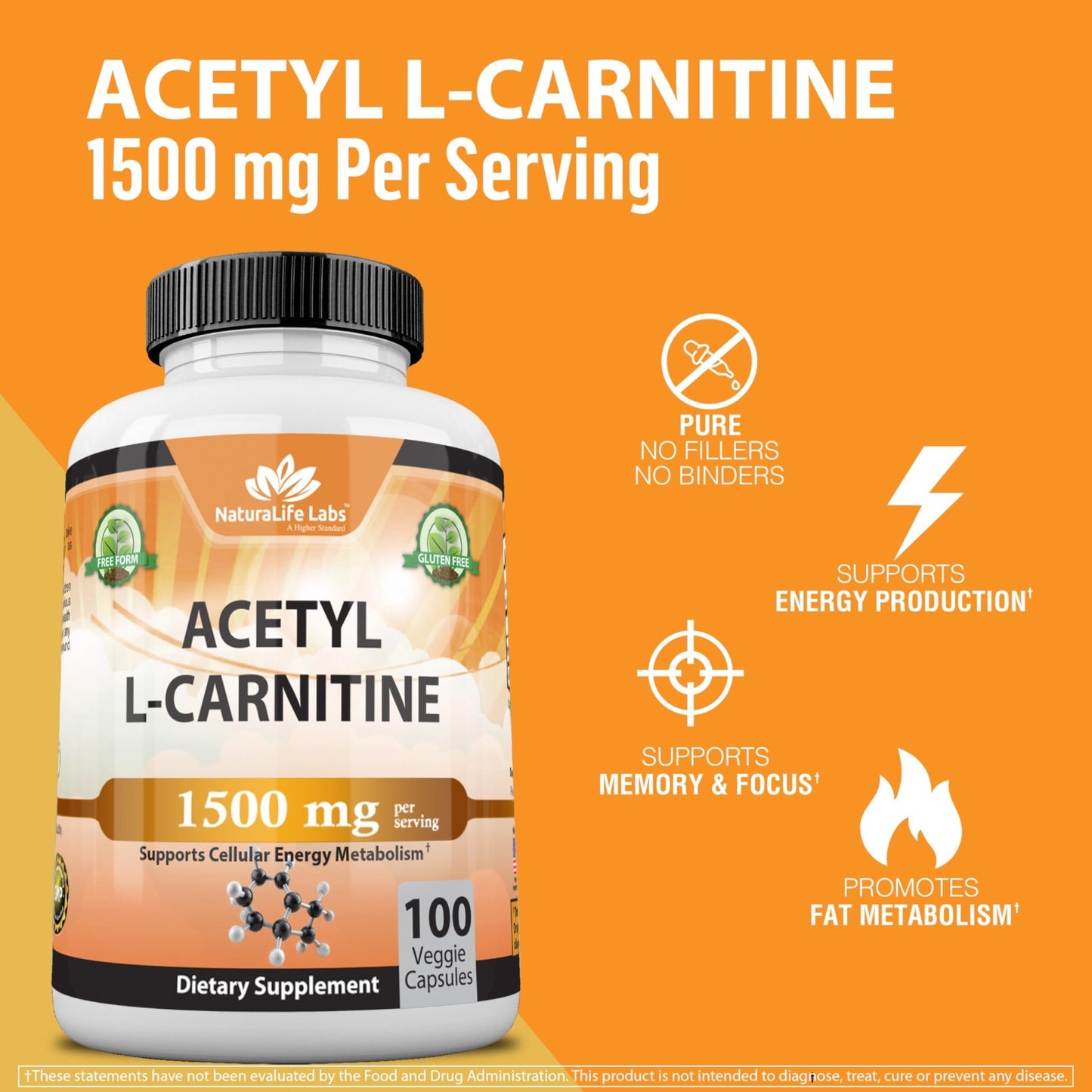Acetyl L - Carnitine 1,500 mg High Potency Supports Energy Production, Sports Nutrition, Supports Memory/Focus - 100 Veggie Capsules - Fresh Hearth