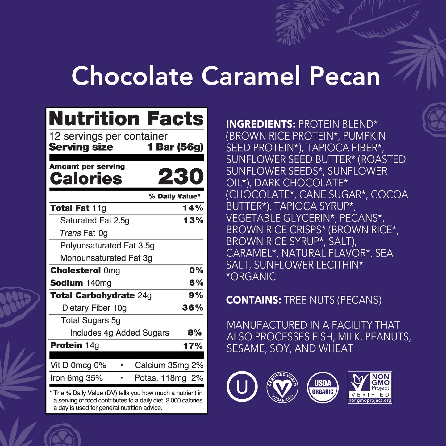 ALOHA Organic Plant Based Protein Bars | Chocolate Caramel Pecan | 12 Count, 1.98oz Bars | Vegan, Low Sugar, Gluten Free, Paleo Friendly, Low Carb, Non - GMO, Stevia Free, Soy Free, No Sugar Alcohol Sweeteners - Fresh Hearth
