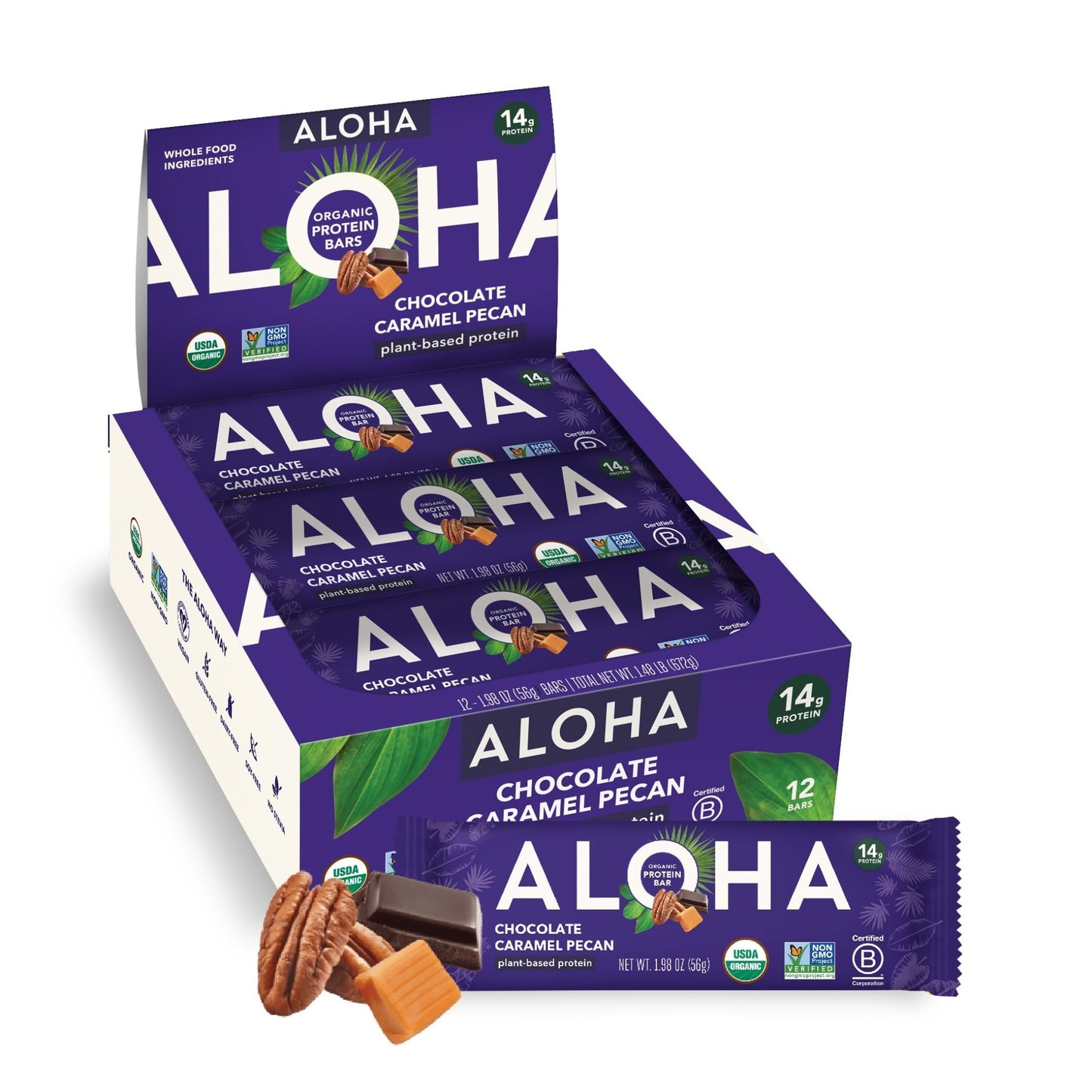 ALOHA Organic Plant Based Protein Bars | Chocolate Caramel Pecan | 12 Count, 1.98oz Bars | Vegan, Low Sugar, Gluten Free, Paleo Friendly, Low Carb, Non - GMO, Stevia Free, Soy Free, No Sugar Alcohol Sweeteners - Fresh Hearth