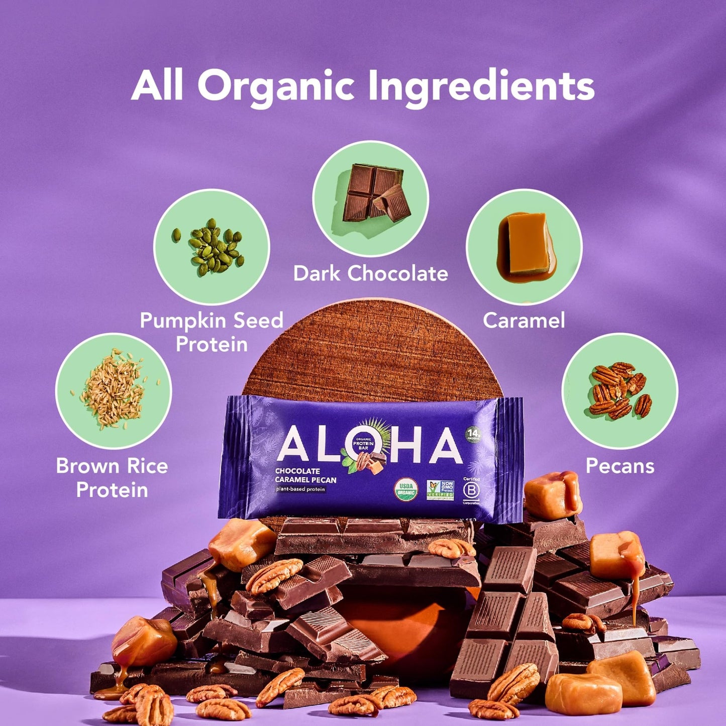 ALOHA Organic Plant Based Protein Bars | Chocolate Caramel Pecan | 12 Count, 1.98oz Bars | Vegan, Low Sugar, Gluten Free, Paleo Friendly, Low Carb, Non - GMO, Stevia Free, Soy Free, No Sugar Alcohol Sweeteners - Fresh Hearth