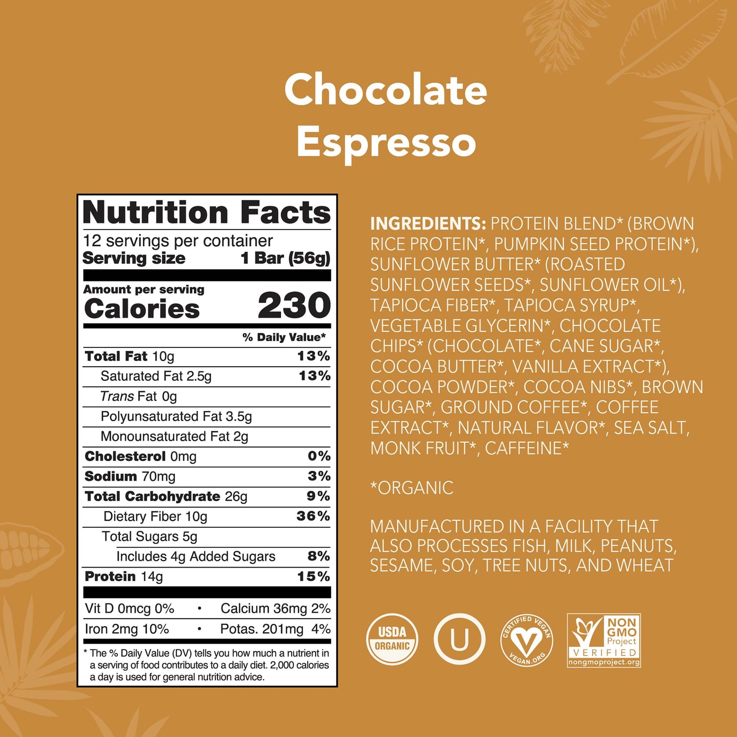 ALOHA Organic Plant Based Protein Bars - Chocolate Espresso (85mg Caffeine) - 12 Bars, Vegan, Low Sugar, Gluten - Free, Paleo, Low Carb, Non - GMO, No Stevia, No Erythritol - Fresh Hearth