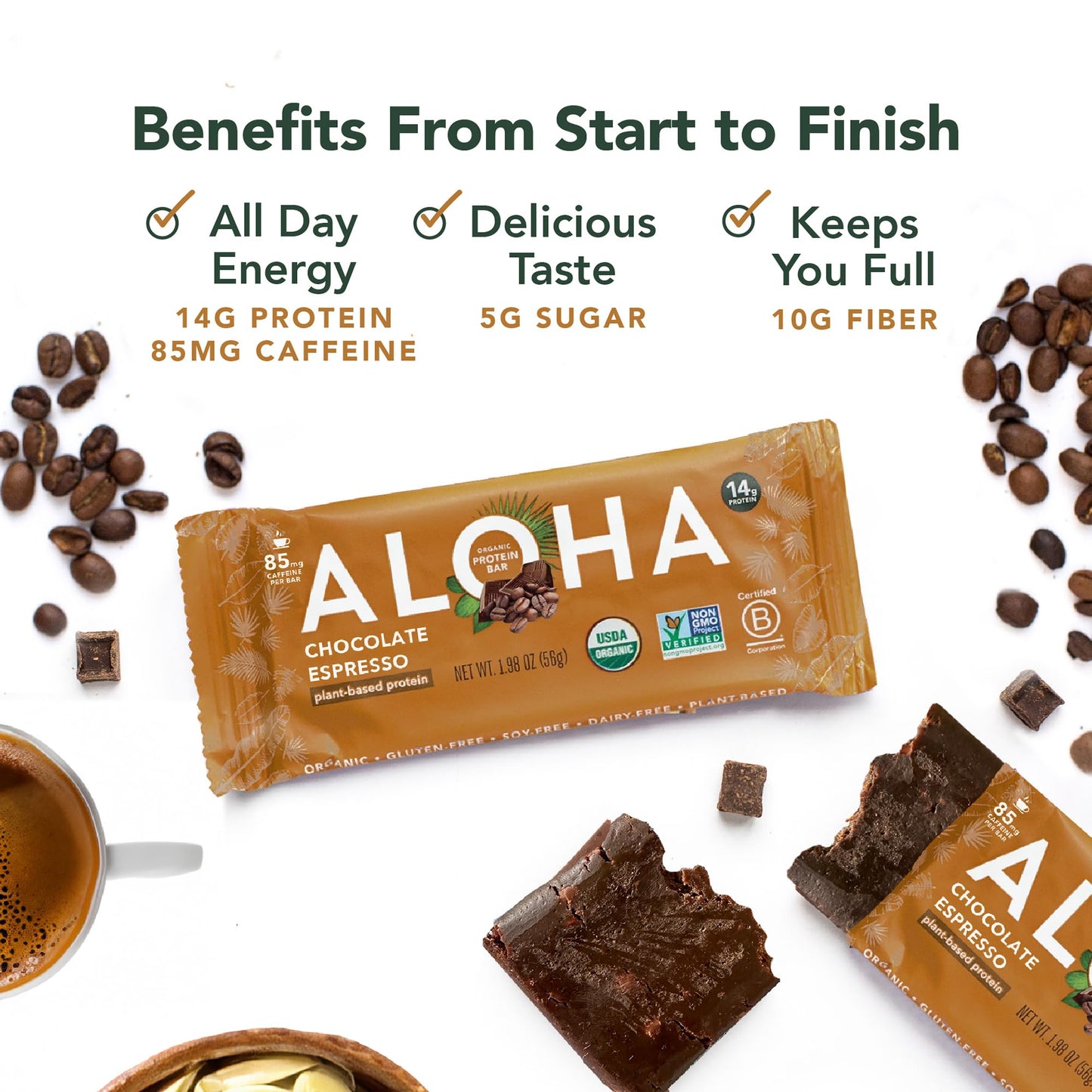 ALOHA Organic Plant Based Protein Bars - Chocolate Espresso (85mg Caffeine) - 12 Bars, Vegan, Low Sugar, Gluten - Free, Paleo, Low Carb, Non - GMO, No Stevia, No Erythritol - Fresh Hearth