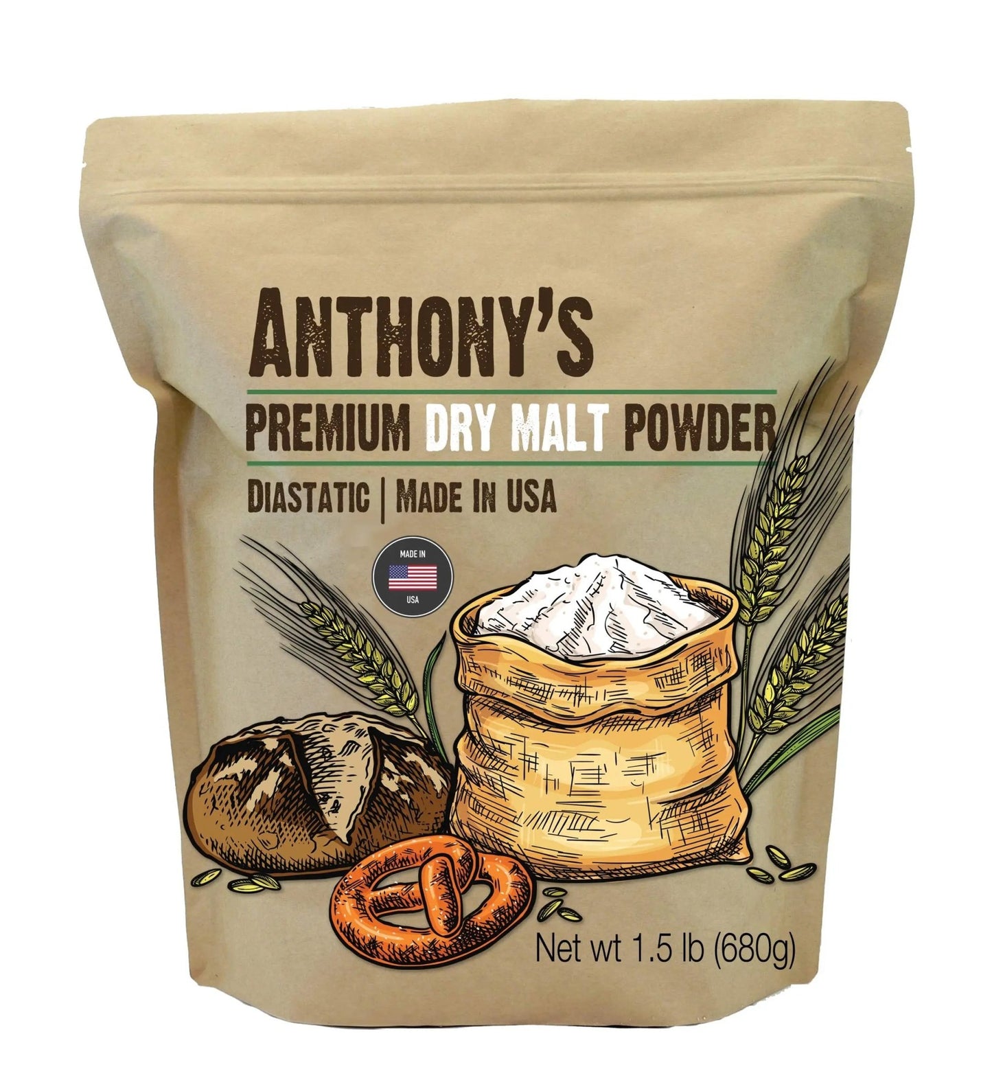 Anthony's Diastatic Dry Malt Powder, 1.5 lb, Made in the USA, Diastatic, Malted Barley Flour - Fresh Hearth