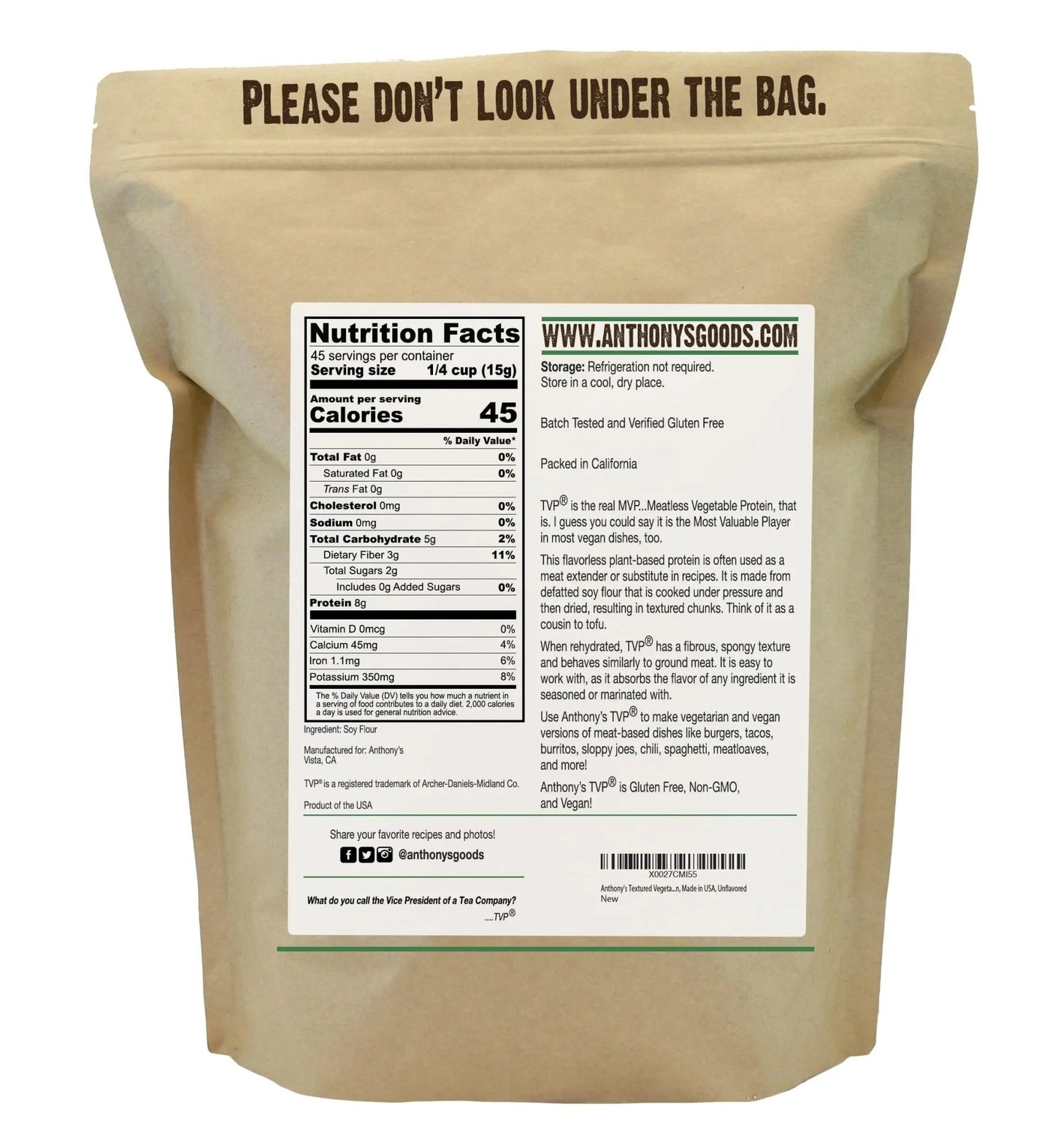 Anthony's Textured Vegetable Protein, TVP, 1.5 lb, Gluten Free, Vegan, Made in USA, Unflavored - Fresh Hearth