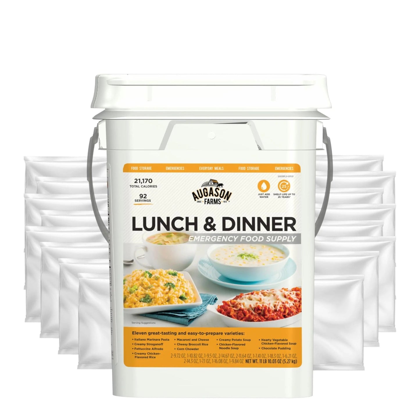 Augason Farms 4 - Gallon Lunch & Dinner Variety Pail - Dehydrated Survival Food Kit - Long Shelf Life Ready to Eat Meals - Disaster Prep, Hiking & Camping Essentials - 92 Servings - Fresh Hearth
