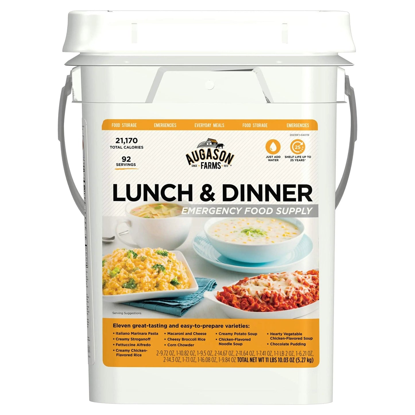 Augason Farms 4 - Gallon Lunch & Dinner Variety Pail - Dehydrated Survival Food Kit - Long Shelf Life Ready to Eat Meals - Disaster Prep, Hiking & Camping Essentials - 92 Servings - Fresh Hearth
