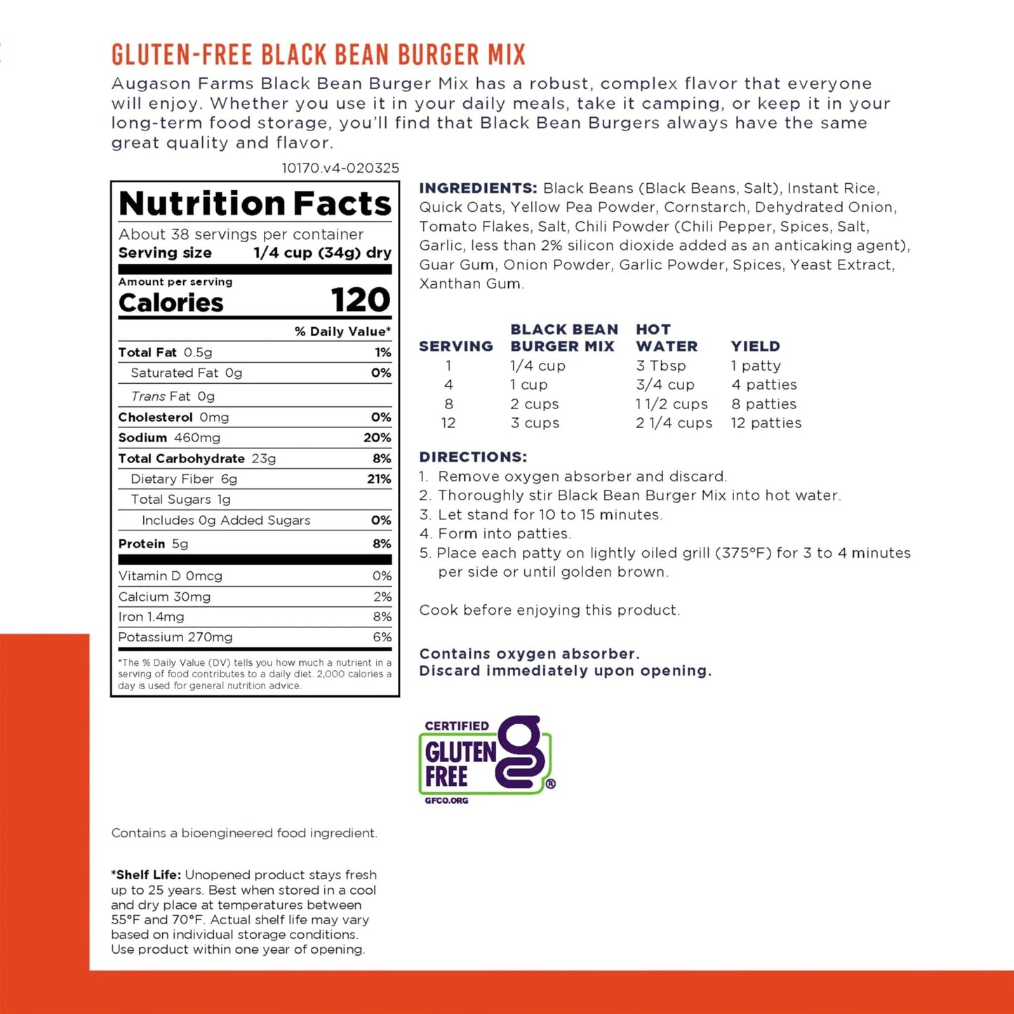 Augason Farms Black Bean Burger Mix Can, Certified Gluten Free, Emergency Food Supply, Everyday Meals, 38 Servings - Fresh Hearth