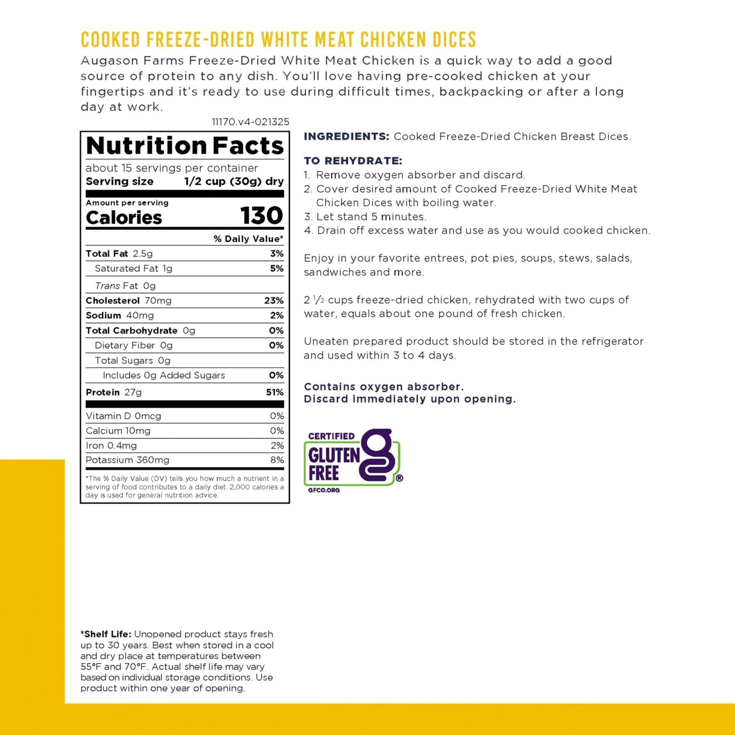 Augason Farms Cooked Freeze Dried White Meat Chicken Dices Can, Emergency Food Supply, Everyday Meals, 15 Servings - Fresh Hearth