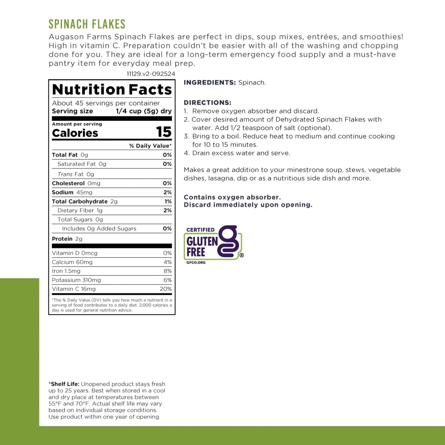 Augason Farms Dehydrated Spinach Flakes Can, Emergency Food Supply, Everyday Meals, 45 Servings - Fresh Hearth