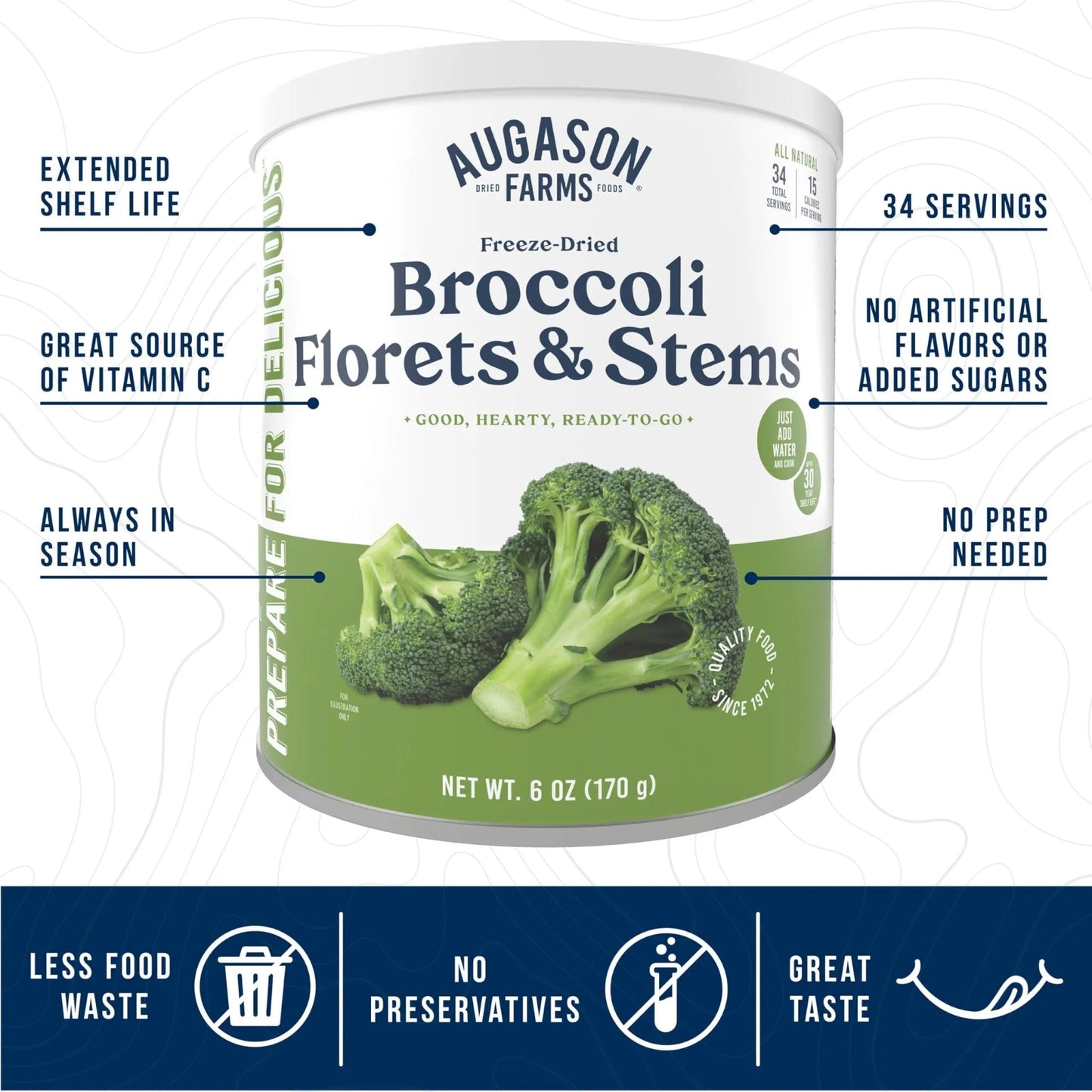 Augason Farms Freeze Dried Broccoli Florets & Stems Can, Emergency Food Supply, Everyday Meals, 34 Servings - Fresh Hearth