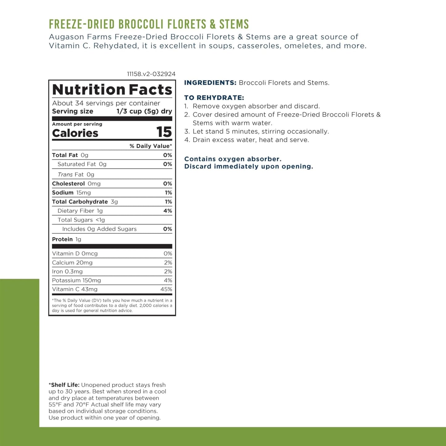 Augason Farms Freeze Dried Broccoli Florets & Stems Can, Emergency Food Supply, Everyday Meals, 34 Servings - Fresh Hearth