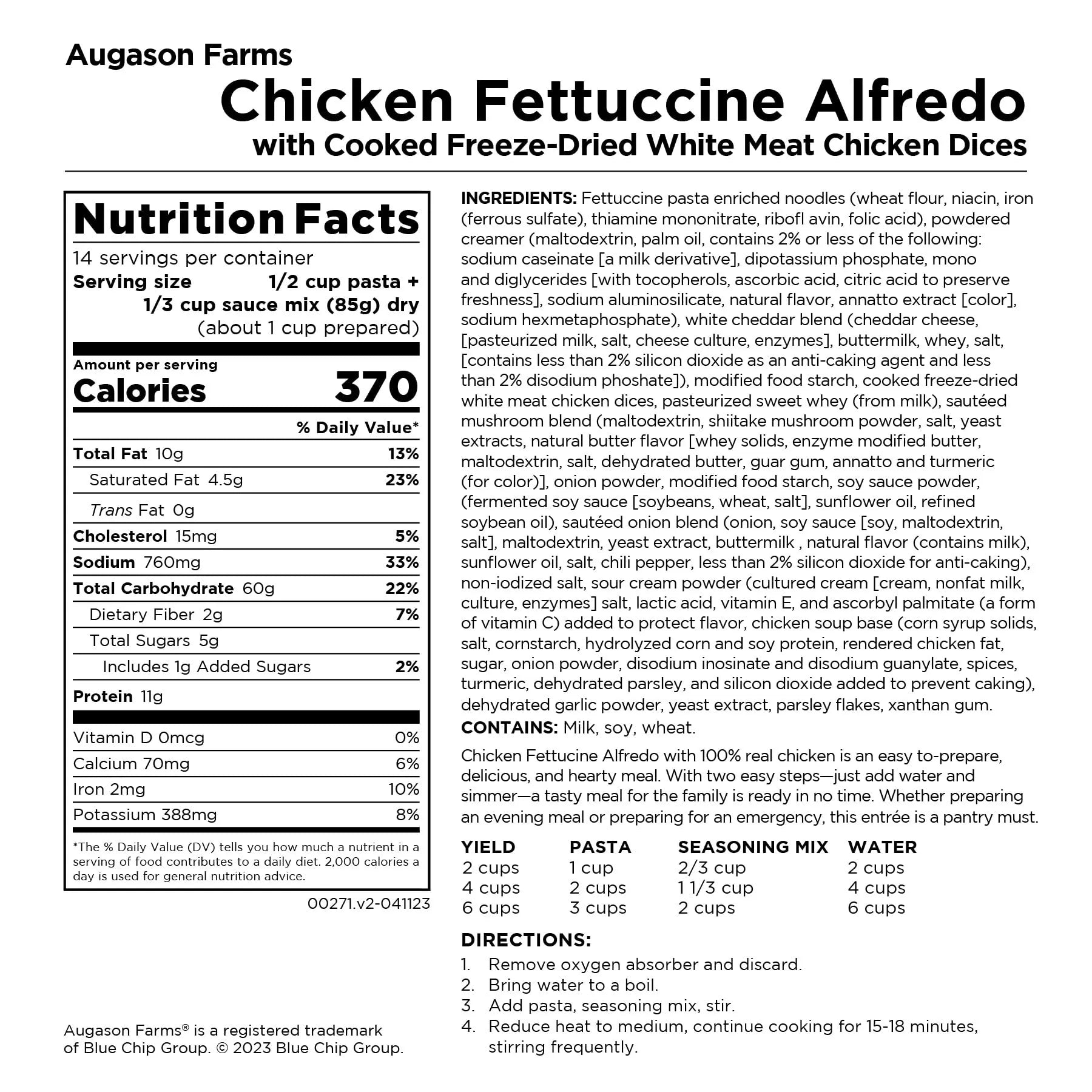 Augason Farms Freeze Dried Chicken Fettuccine Alfredo Kit 42.02 Oz No. 10 Can - Fresh Hearth