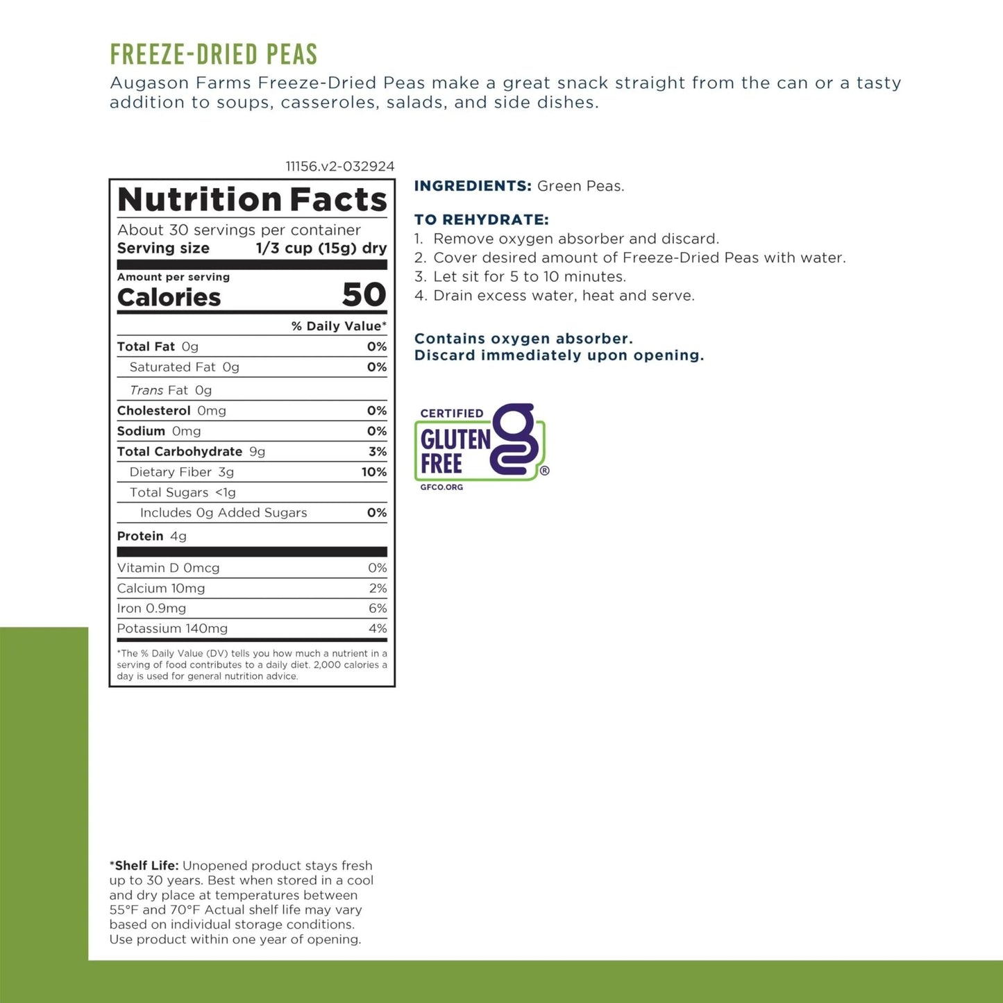 Augason Farms Freeze Dried Peas Can, Emergency Food Supply, Everyday Meals, 30 Servings - Fresh Hearth