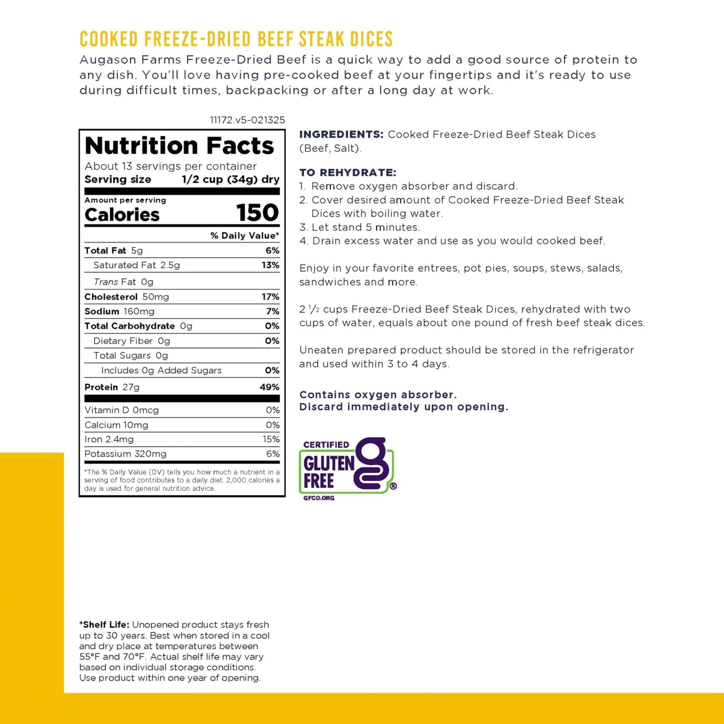 Augason Farms Freeze Dried Precooked Beef Steak Dices Can, Emergency Food Supply, Everyday Meals, 13 Servings - Fresh Hearth