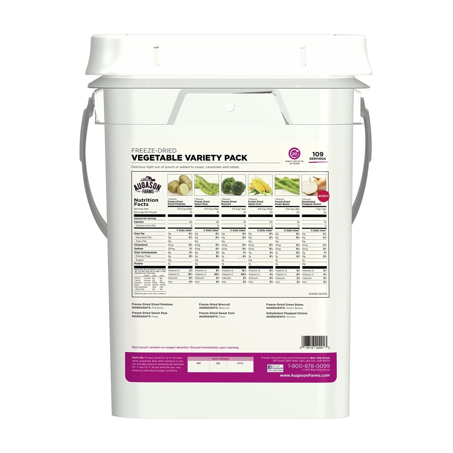 Augason Farms Freeze Dried Vegetable Variety Pail, Emergency Food Supply, Everyday Meals, 109 Servings - Fresh Hearth