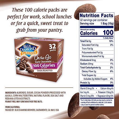 Blue Diamond Almonds Dark Chocolate Cocoa Dusted Snack Nuts, 100 Calorie Packs, (Pack of 1, 32 Count Toal) - Fresh Hearth