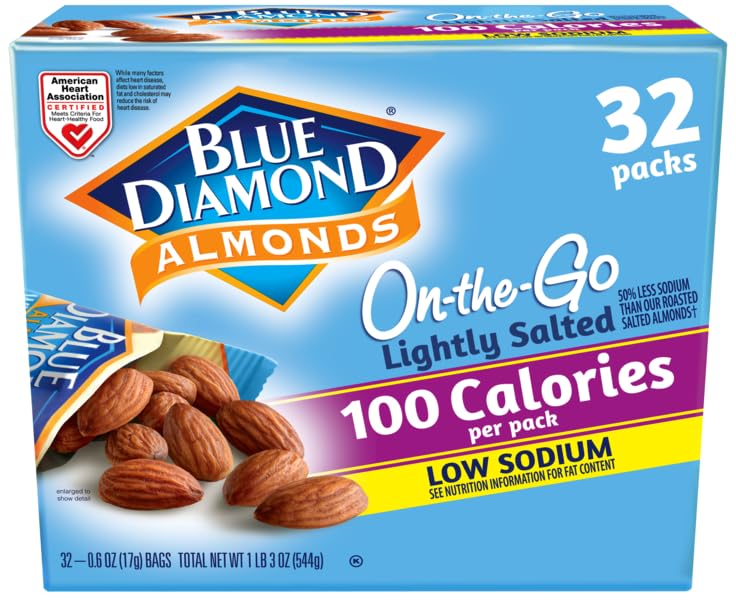 Blue Diamond Almonds Low Sodium Lightly Salted Snack Nuts, 100 Calorie Packs, 0.6 Ounce (Pack of 32) - Fresh Hearth