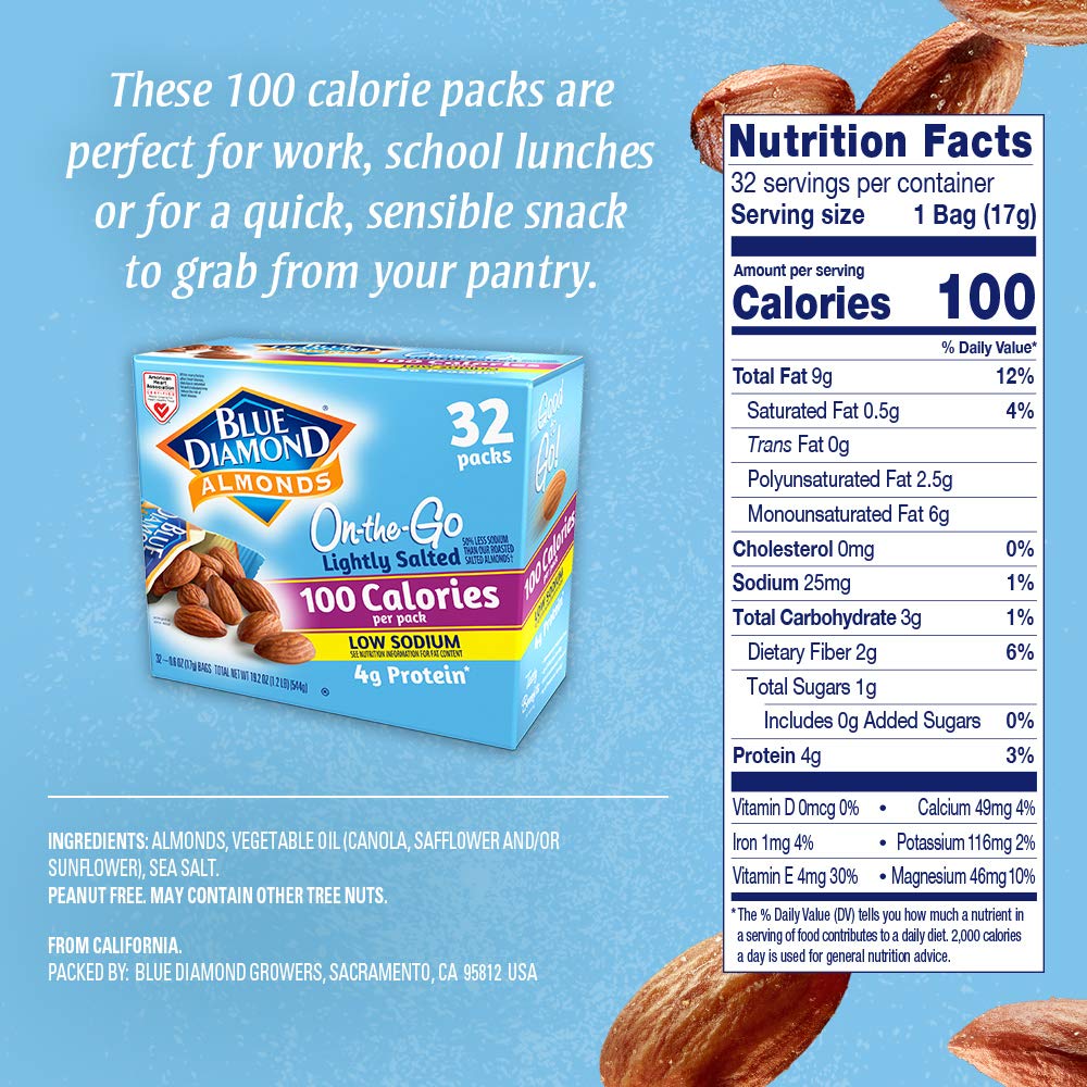 Blue Diamond Almonds Low Sodium Lightly Salted Snack Nuts, 100 Calorie Packs, 0.6 Ounce (Pack of 32) - Fresh Hearth