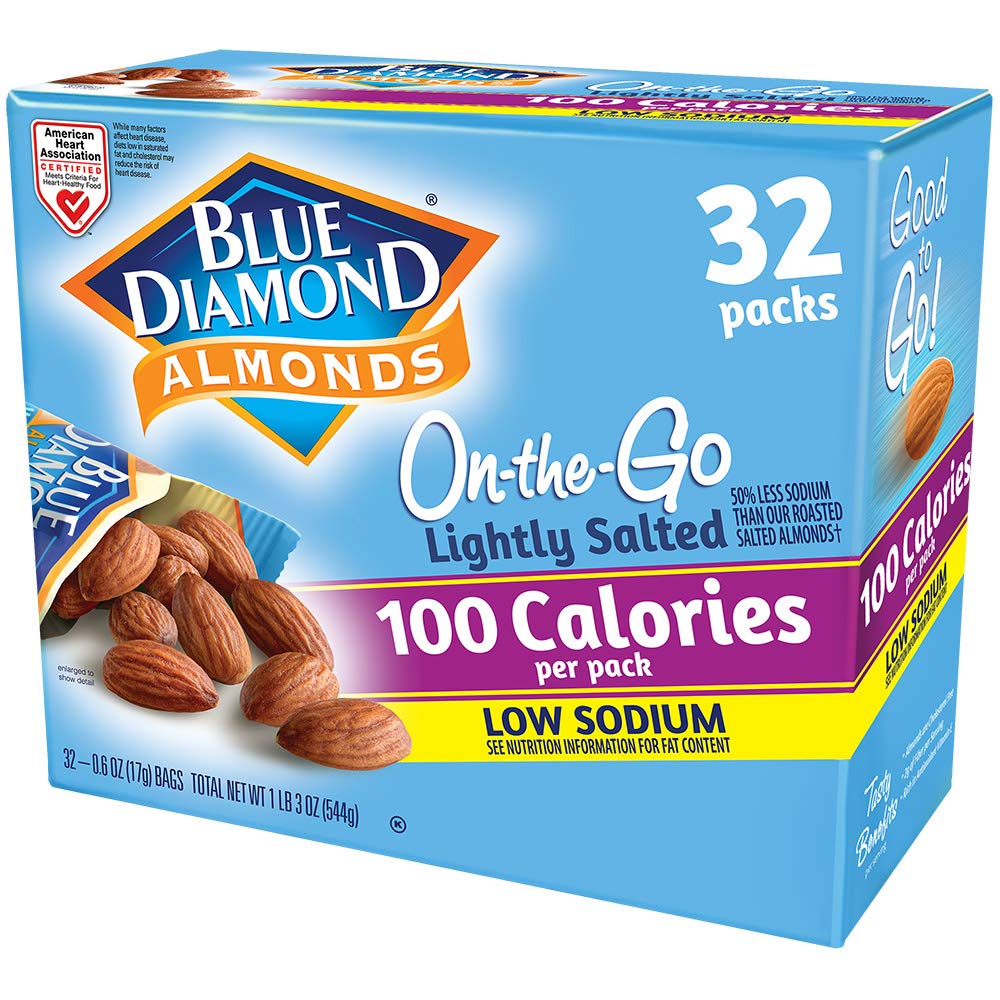 Blue Diamond Almonds Low Sodium Lightly Salted Snack Nuts, 100 Calorie Packs, 0.6 Ounce (Pack of 32) - Fresh Hearth