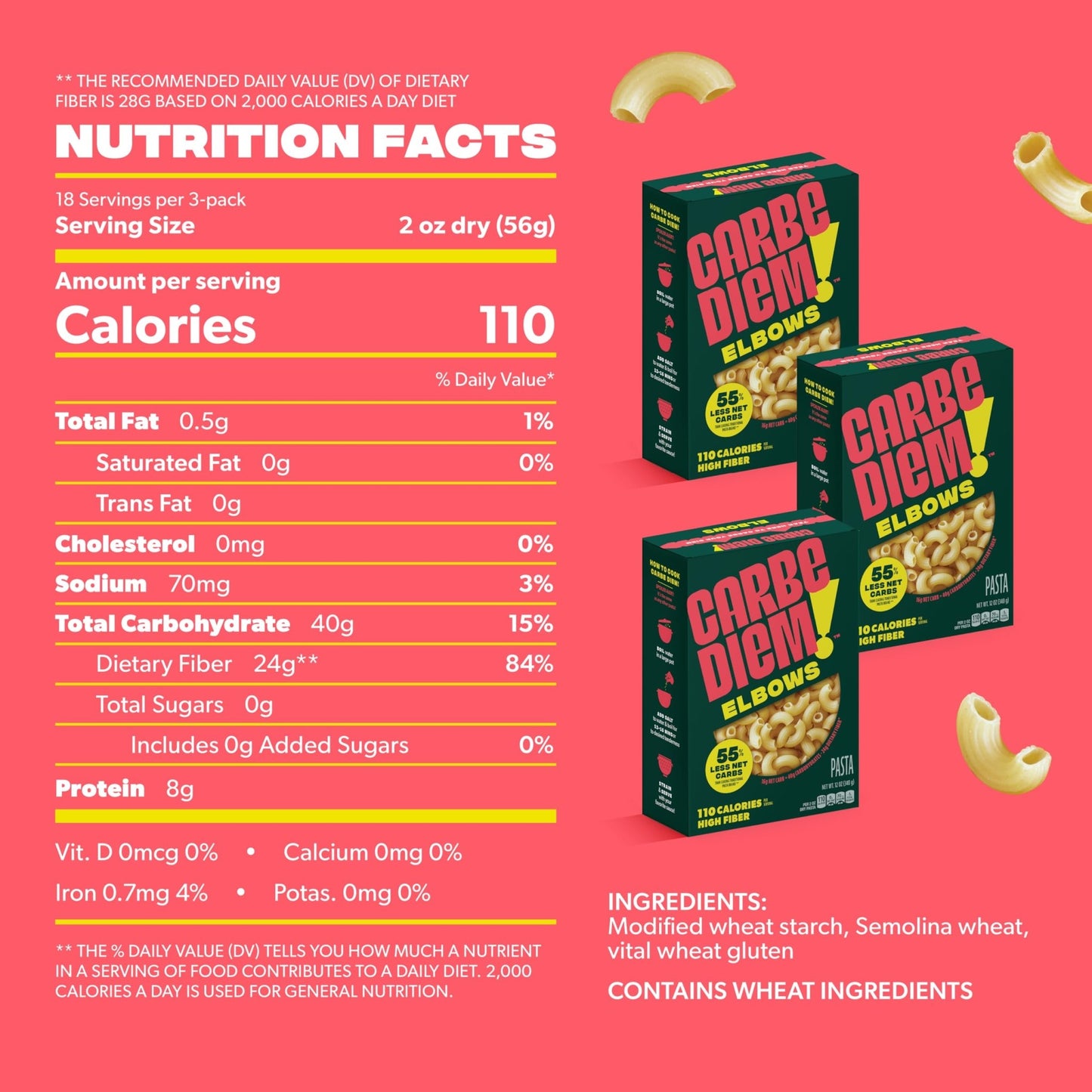 Carbe Diem!, Elbows, Lower Net Carb Pasta with Traditional Flavor & Texture, 55% Fewer Net Carbs & Only 110 Calories Per Serving, Pack of 3 - Fresh Hearth