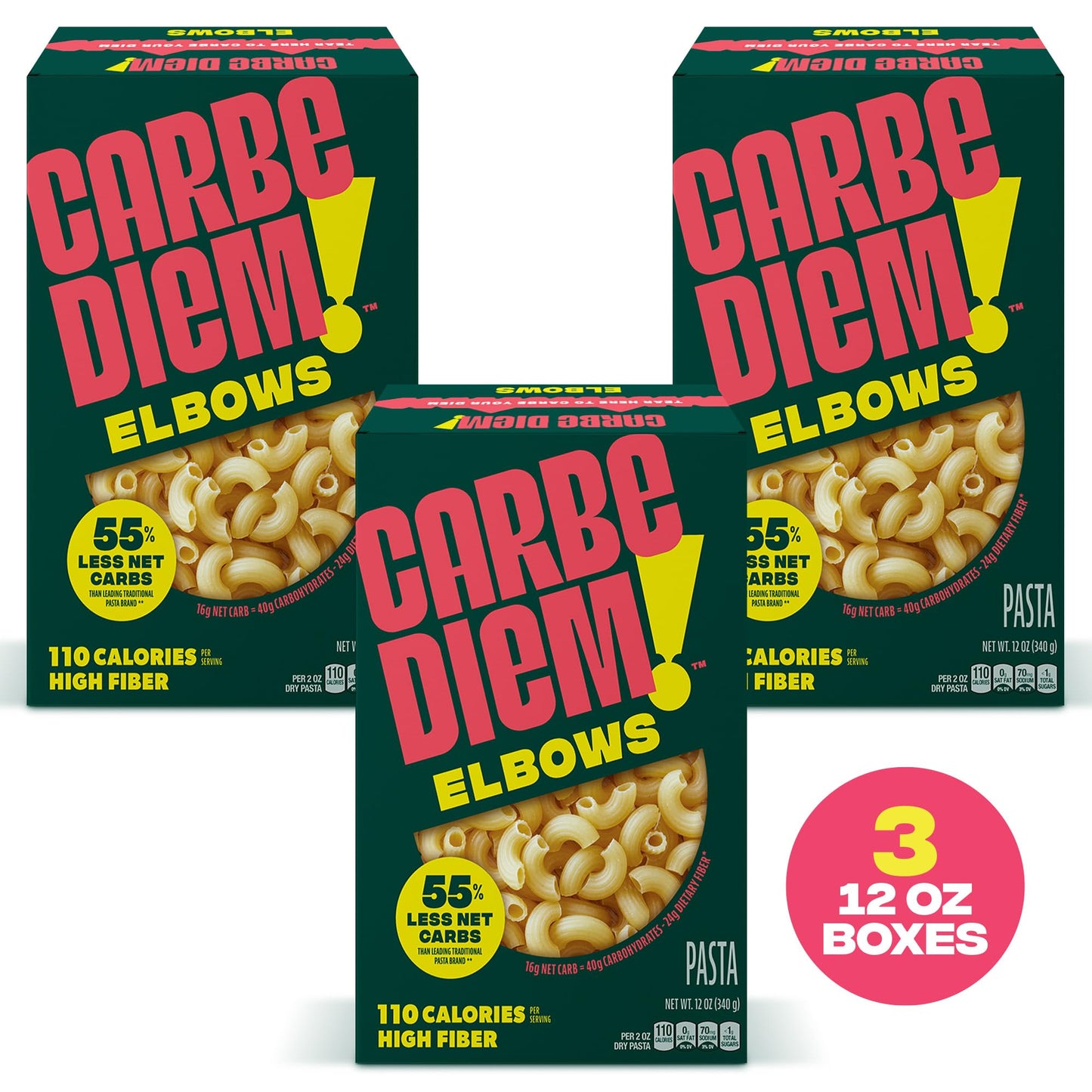 Carbe Diem!, Elbows, Lower Net Carb Pasta with Traditional Flavor & Texture, 55% Fewer Net Carbs & Only 110 Calories Per Serving, Pack of 3 - Fresh Hearth