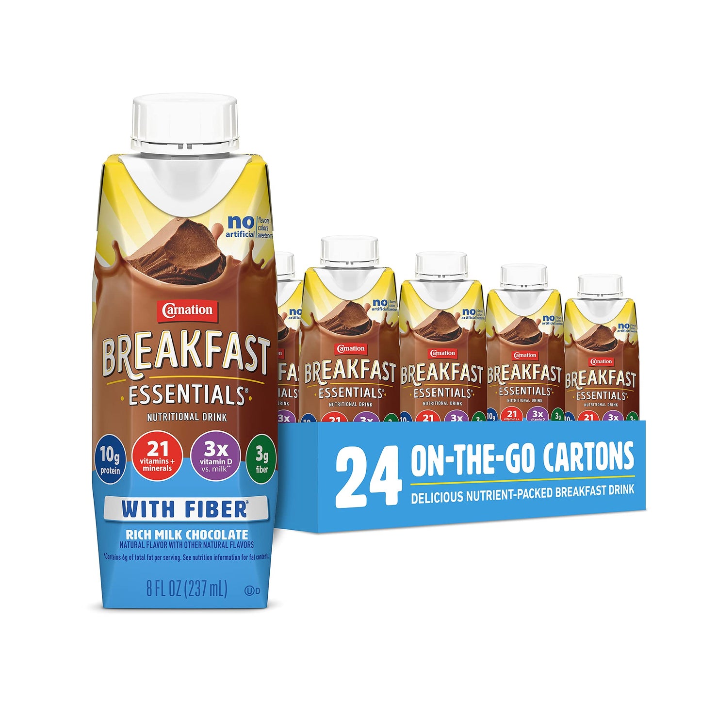Carnation Breakfast Essentials Ready to Drink with Fiber, Rich Milk Chocolate, 8 FL OZ Carton (Pack of 24) (Packaging May Vary) - Fresh Hearth