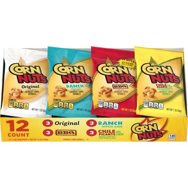 CORN NUTS Variety Pack, Crunchy Corn Kernels, Snack Box, Individual Packs, Snacks For Adults, Original, Ranch, BBQ, Chile Picante con Limon, 1oz. (Pack of 12) - Fresh Hearth