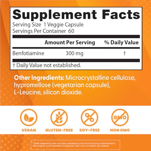 Doctor's Best Benfotiamine 300 with BenfoPure, Helps Maintain Healthy Glucose Metabolism, Non - GMO, Vegan, Gluten Free, Soy Free, 300 mg, 60 Veggie Caps - Fresh Hearth