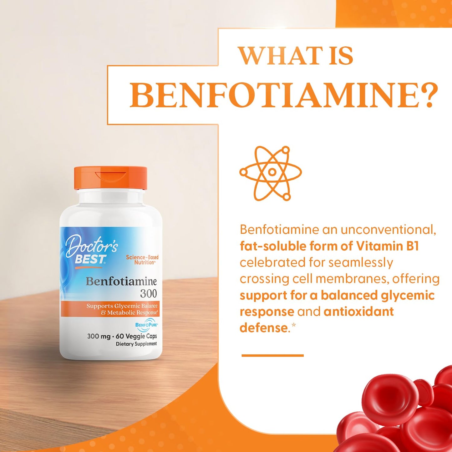 Doctor's Best Benfotiamine 300 with BenfoPure, Helps Maintain Healthy Glucose Metabolism, Non - GMO, Vegan, Gluten Free, Soy Free, 300 mg, 60 Veggie Caps - Fresh Hearth