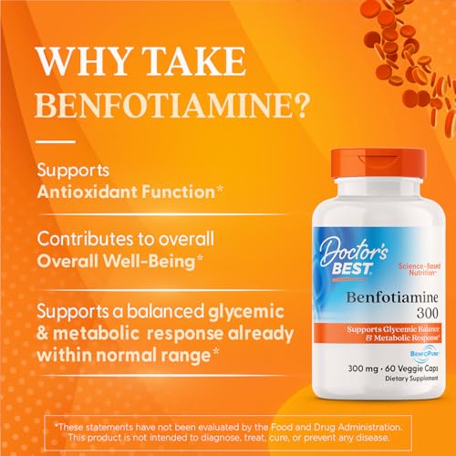 Doctor's Best Benfotiamine 300 with BenfoPure, Helps Maintain Healthy Glucose Metabolism, Non - GMO, Vegan, Gluten Free, Soy Free, 300 mg, 60 Veggie Caps - Fresh Hearth