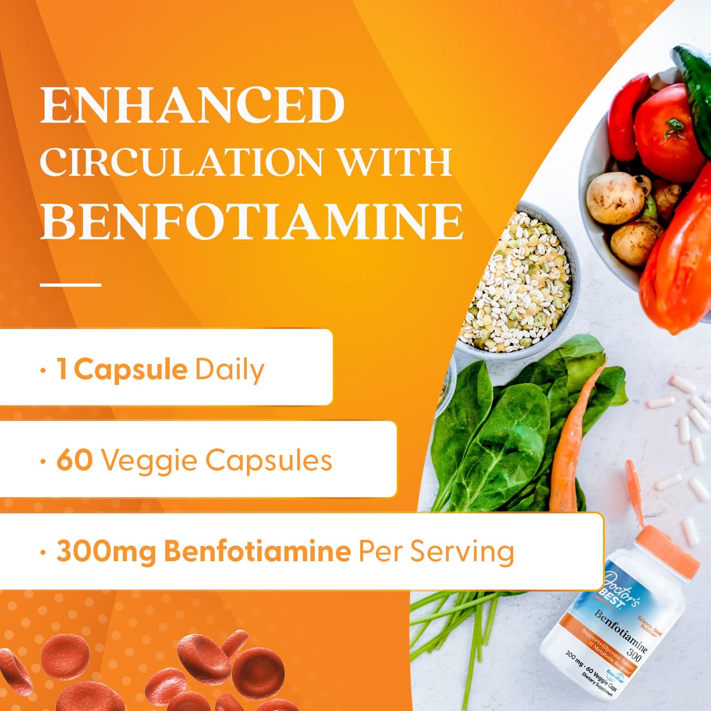 Doctor's Best Benfotiamine 300 with BenfoPure, Helps Maintain Healthy Glucose Metabolism, Non - GMO, Vegan, Gluten Free, Soy Free, 300 mg, 60 Veggie Caps - Fresh Hearth
